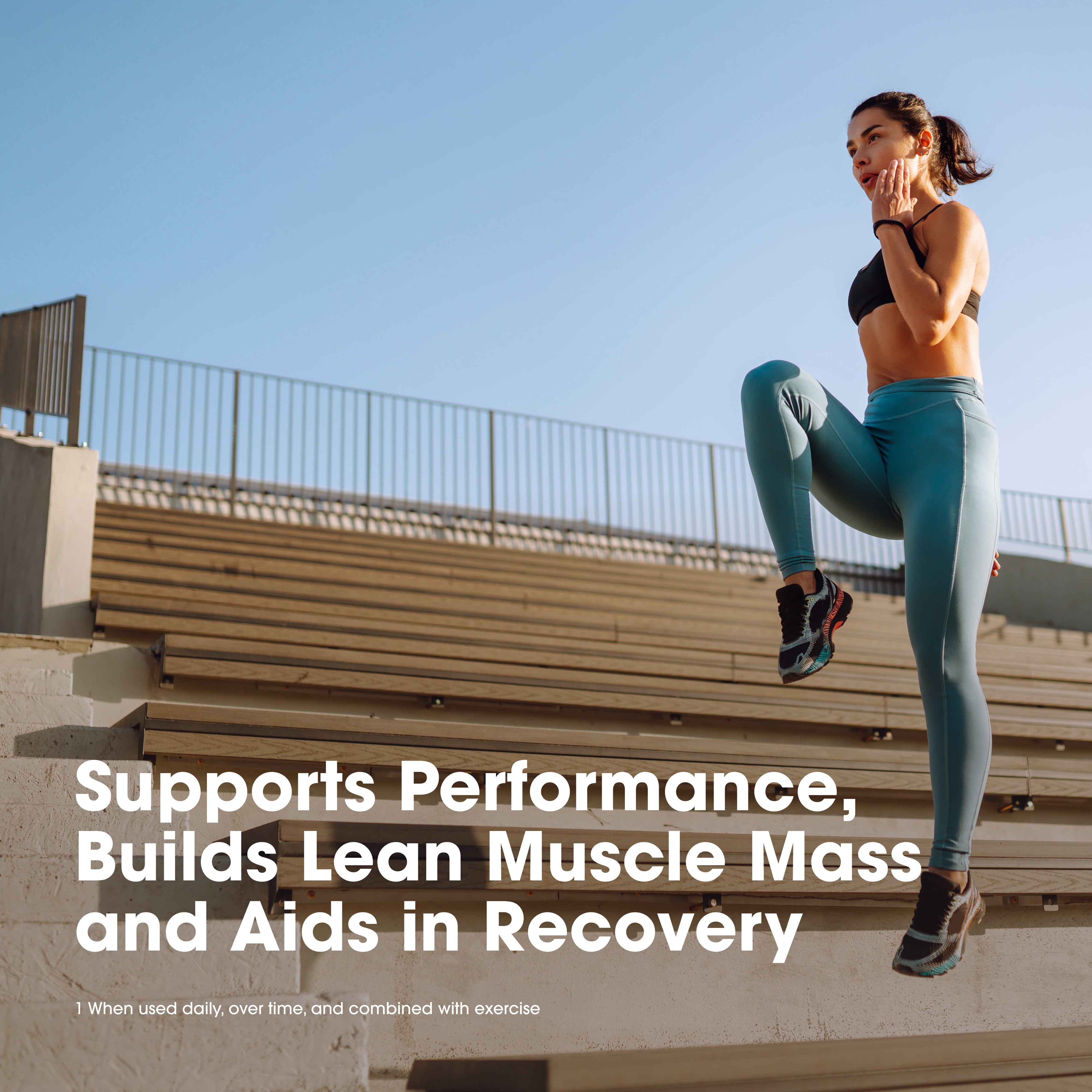 Woman exercising on steps with text about performance, muscle mass, and recovery.