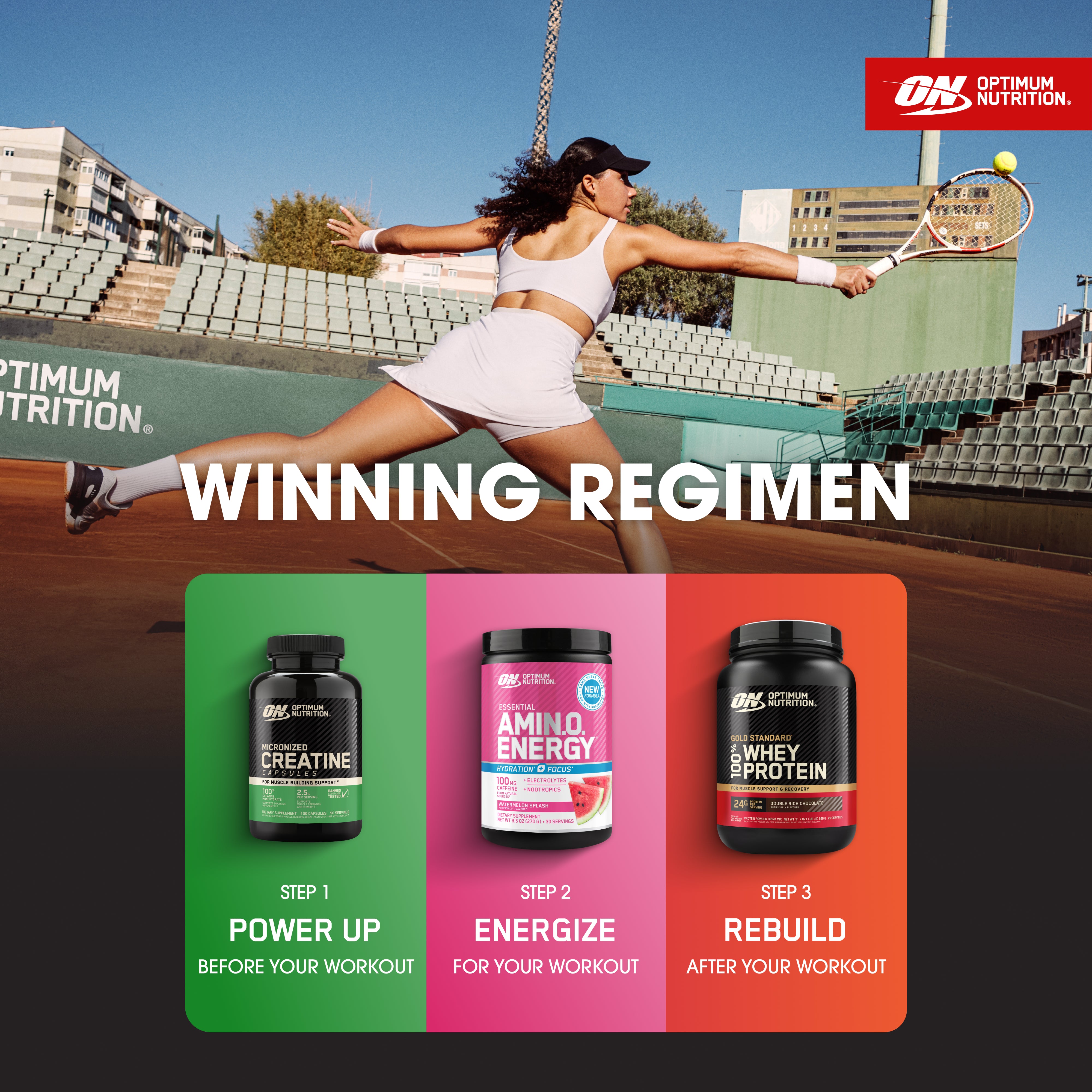 Woman playing tennis on a court with Optimum Nutrition supplements displayed below.