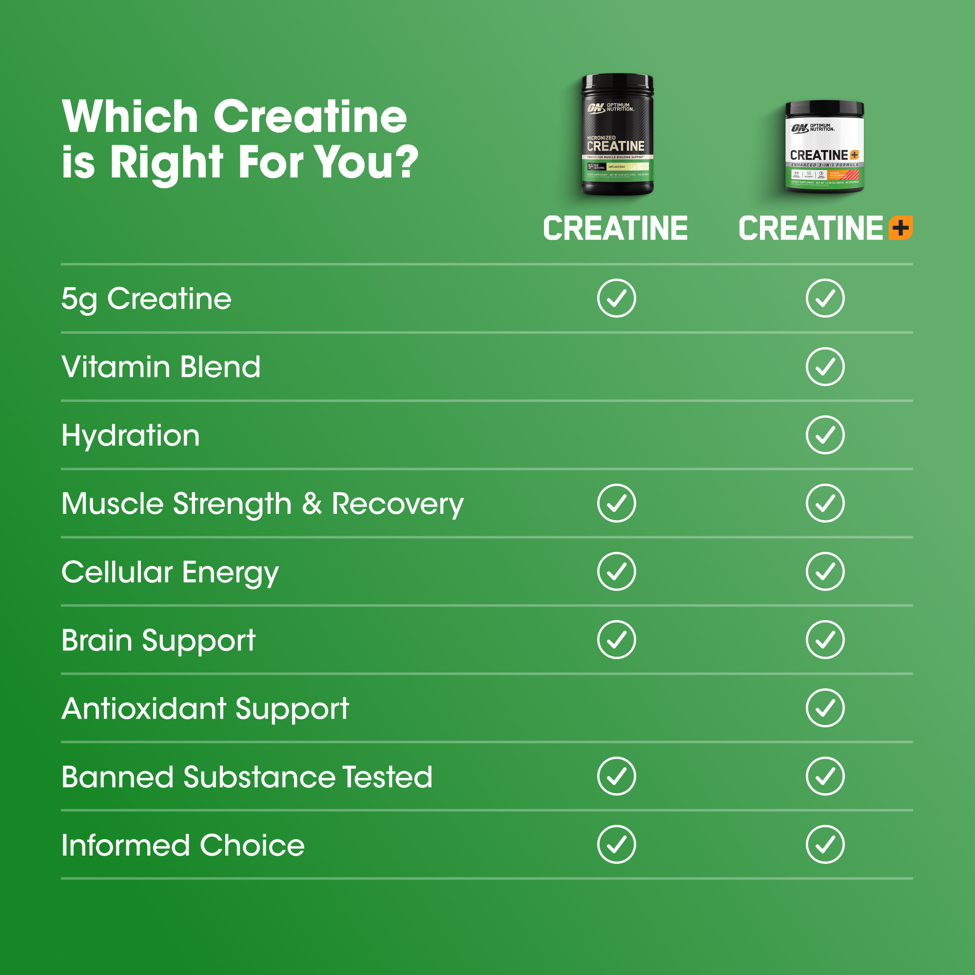 A green informational graphic titled 'Which Creatine is Right For You?' comparing two supplement jars labeled CREATIVE 5g Creatine and CREATIVE+ Creatine, with a checklist of benefits such as 5g Creatine, Vitamin Blend, Hydration, Muscle Strength & Recovery, Cellular Energy, Brain Support, Antioxidant Support, Banned Substance Tested, and Informed Choice.