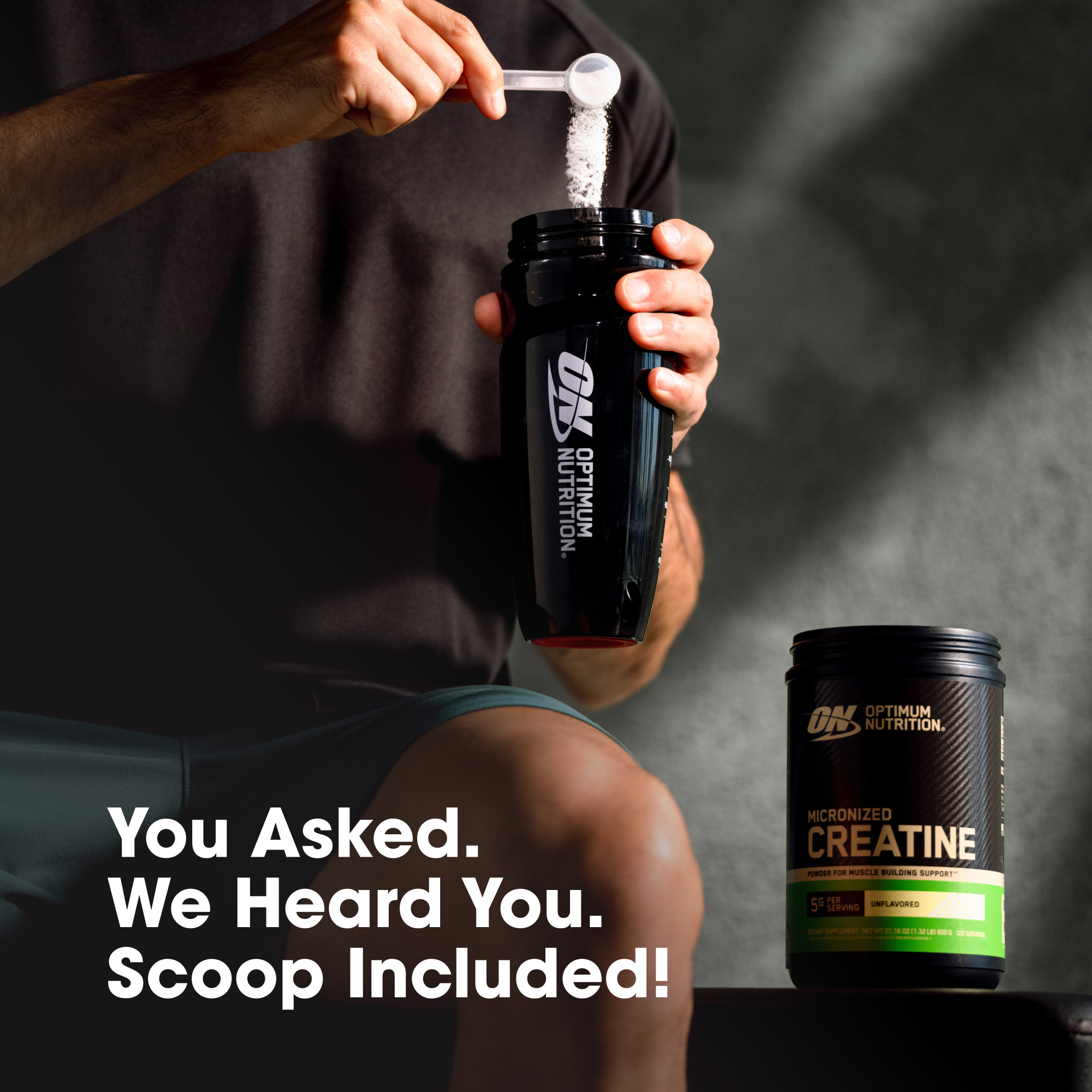 A person scoops white powder into a black Optimum Nutrition shaker bottle, with a jar of Optimum Nutrition Micronized Creatine in the foreground and large promotional text on a dark background.