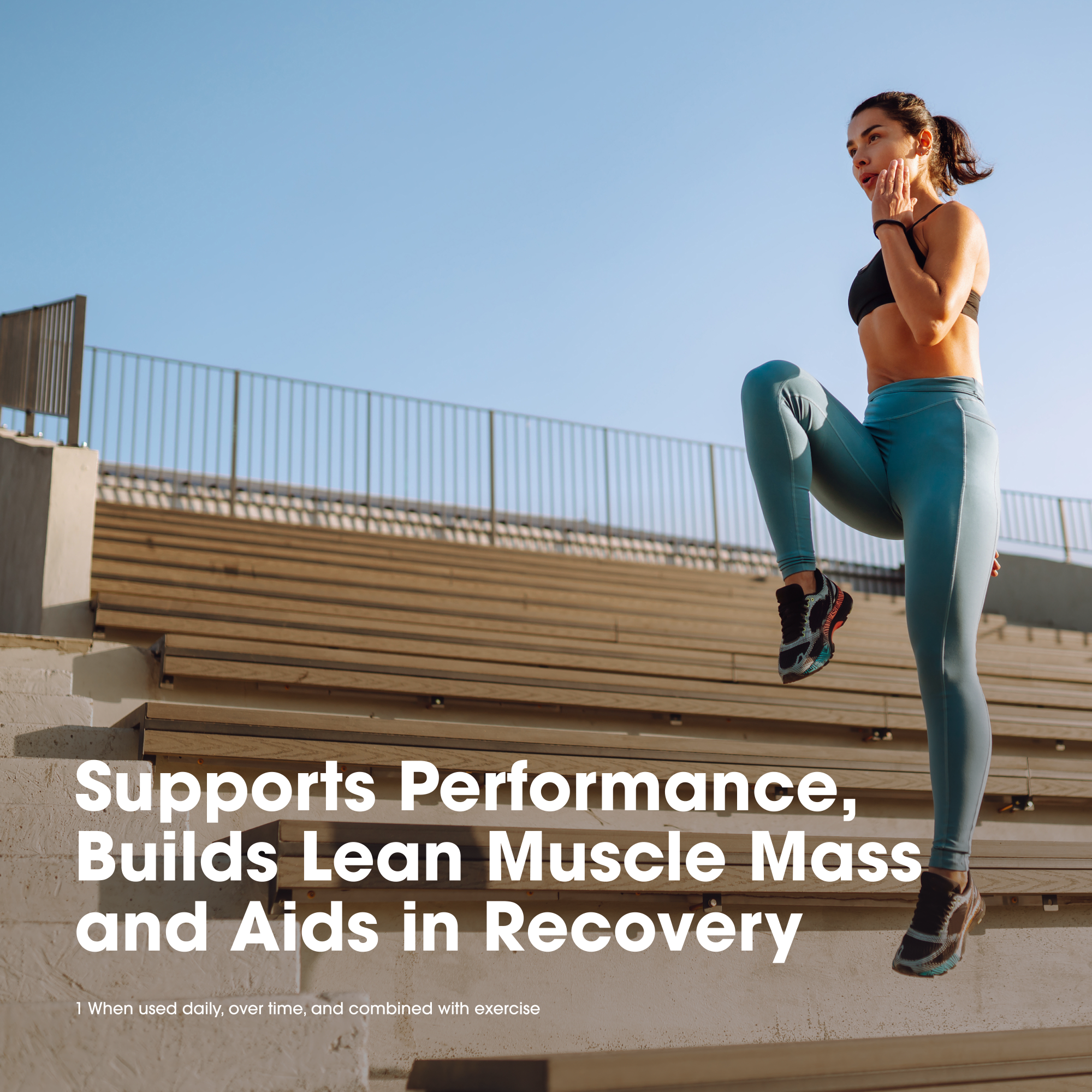 Woman exercising on steps with text about performance, muscle mass, and recovery.