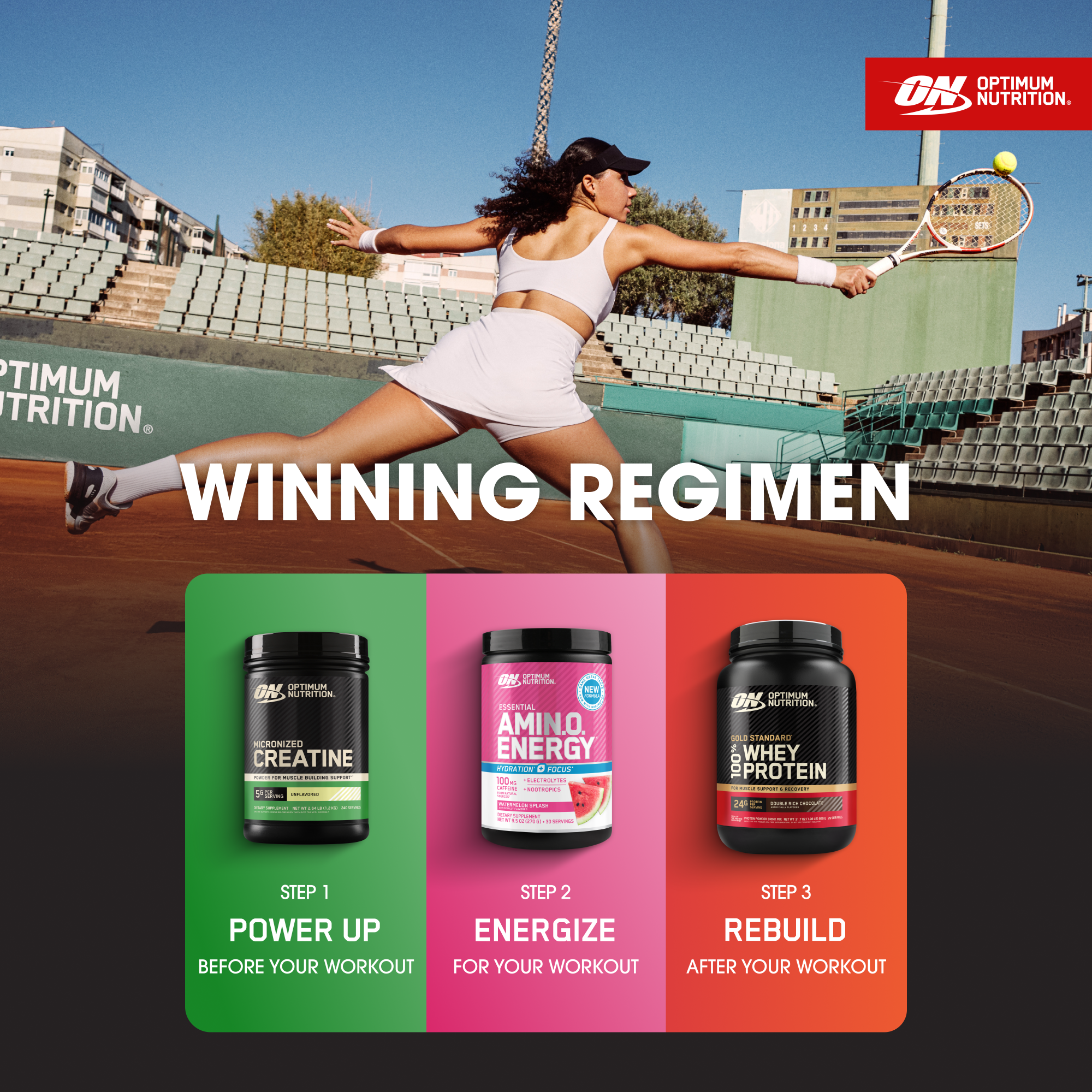 Optimum Nutrition Winning Regimen sports nutrition marketing graphic featuring a tennis player on an outdoor court with three supplement containers shown at the bottom on colored panels labeled Power Up, Energize, and Rebuild.