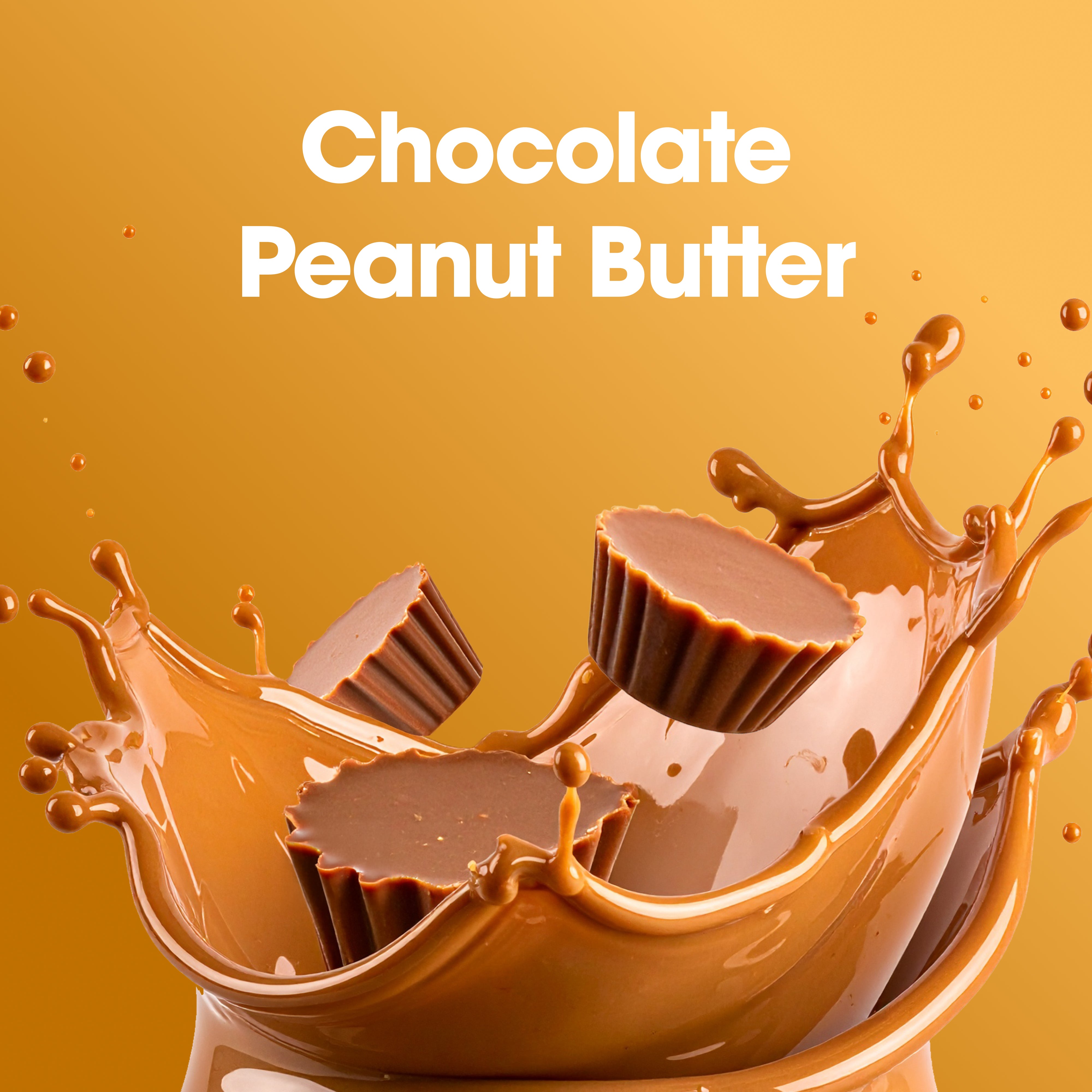 Chocolate peanut butter cups with splashes of chocolate on a yellow background