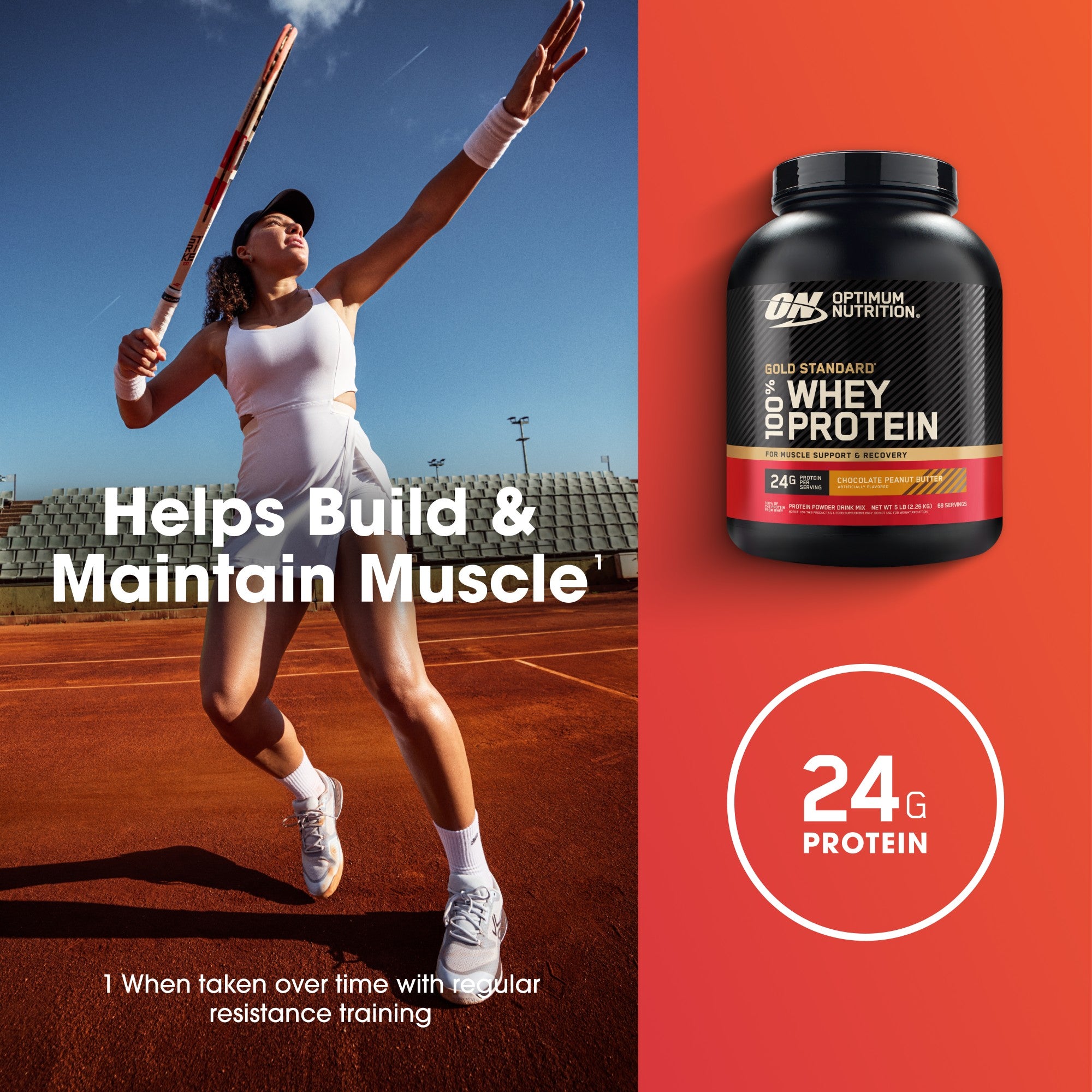 Optimum Nutrition Gold Standard 6 Whey Protein powder tub shown on a red-orange background next to a tennis player on a clay court, with text reading 'Helps Build & Maintain Muscle' and '24G Protein'.