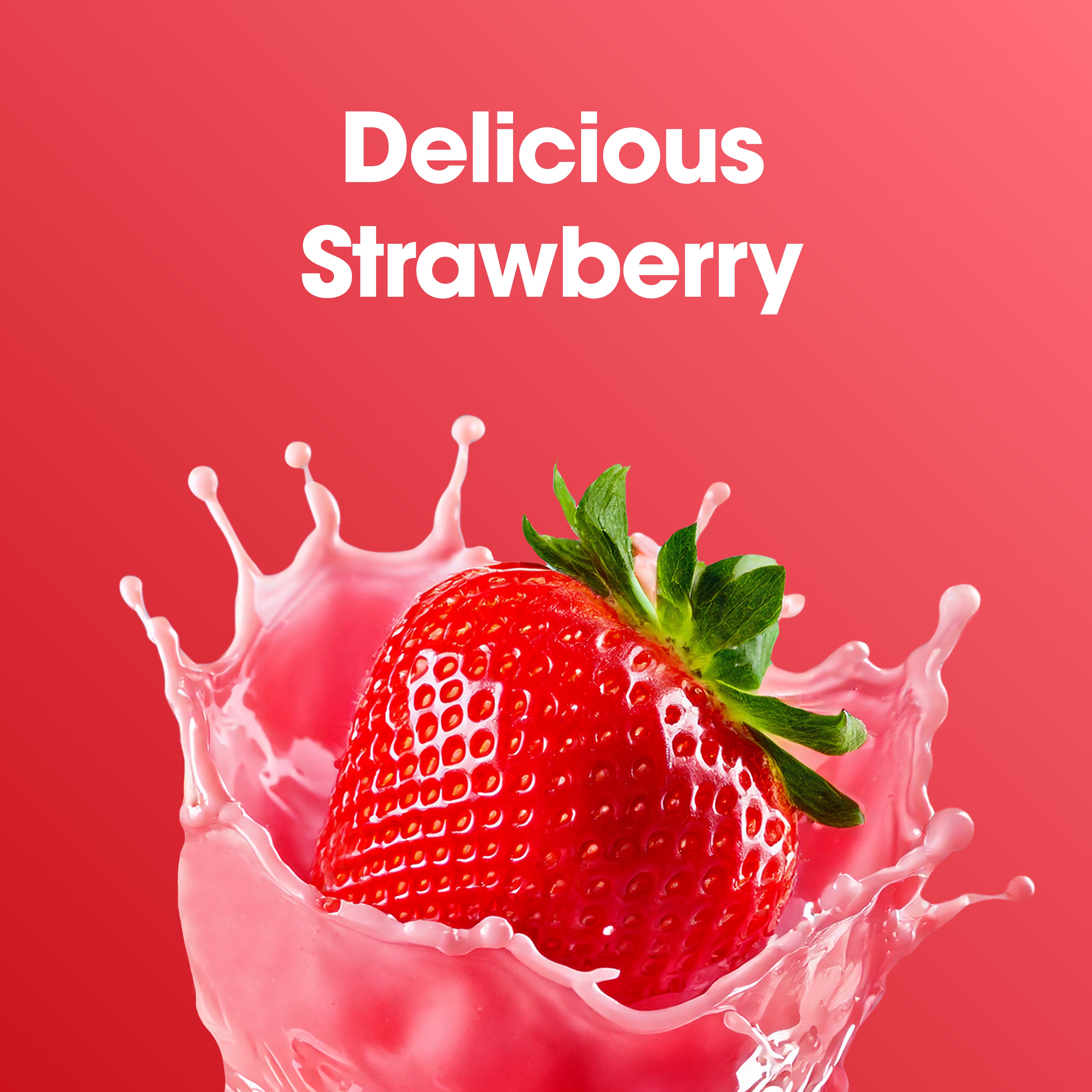 Strawberry with a splash of juice on a red background with 'Delicious Strawberry' text.