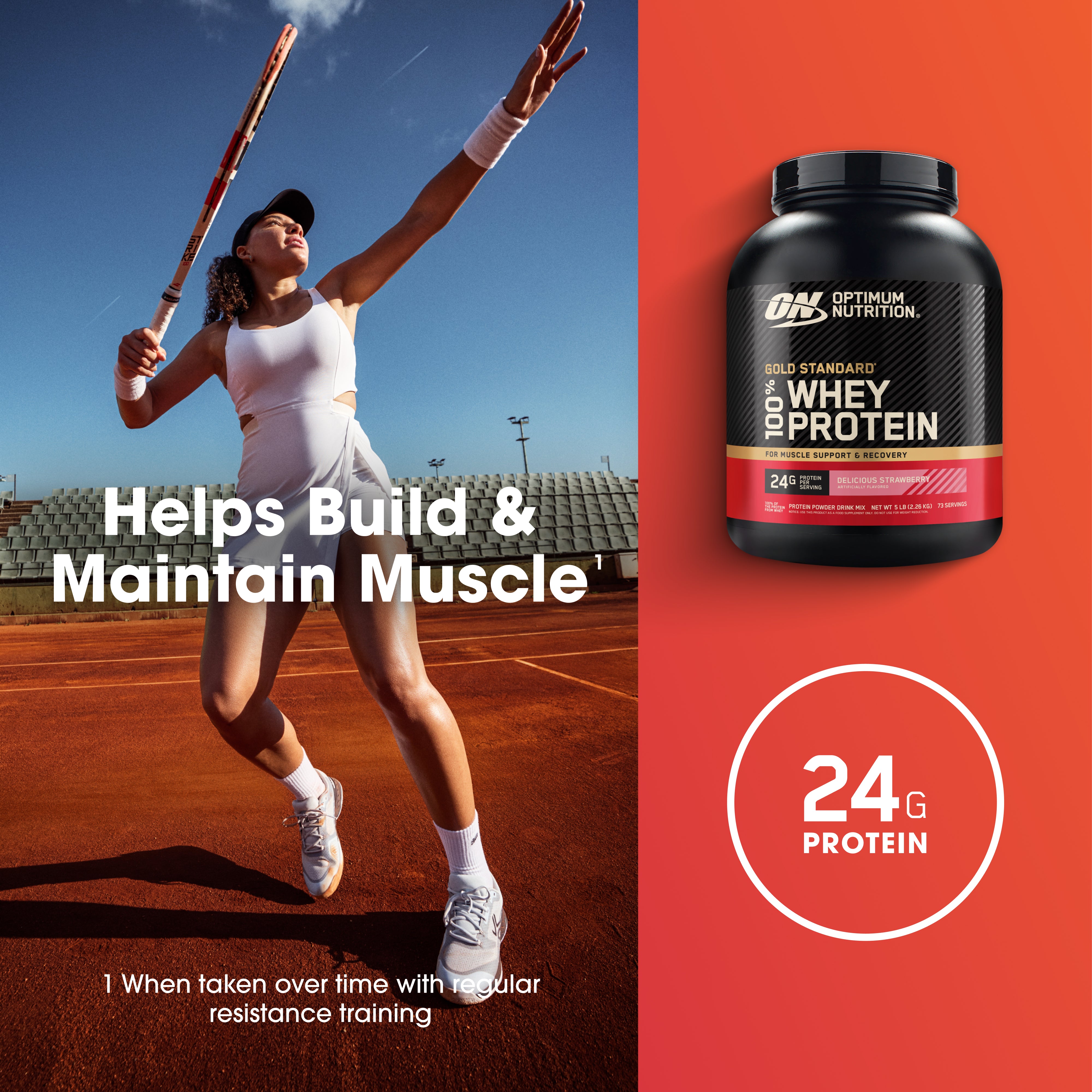 Optimum Nutrition Gold Standard 6% Whey Protein container shown on a red background next to a tennis player on a clay court with the text 'Helps Build & Maintain Muscle' and '24G Protein'.