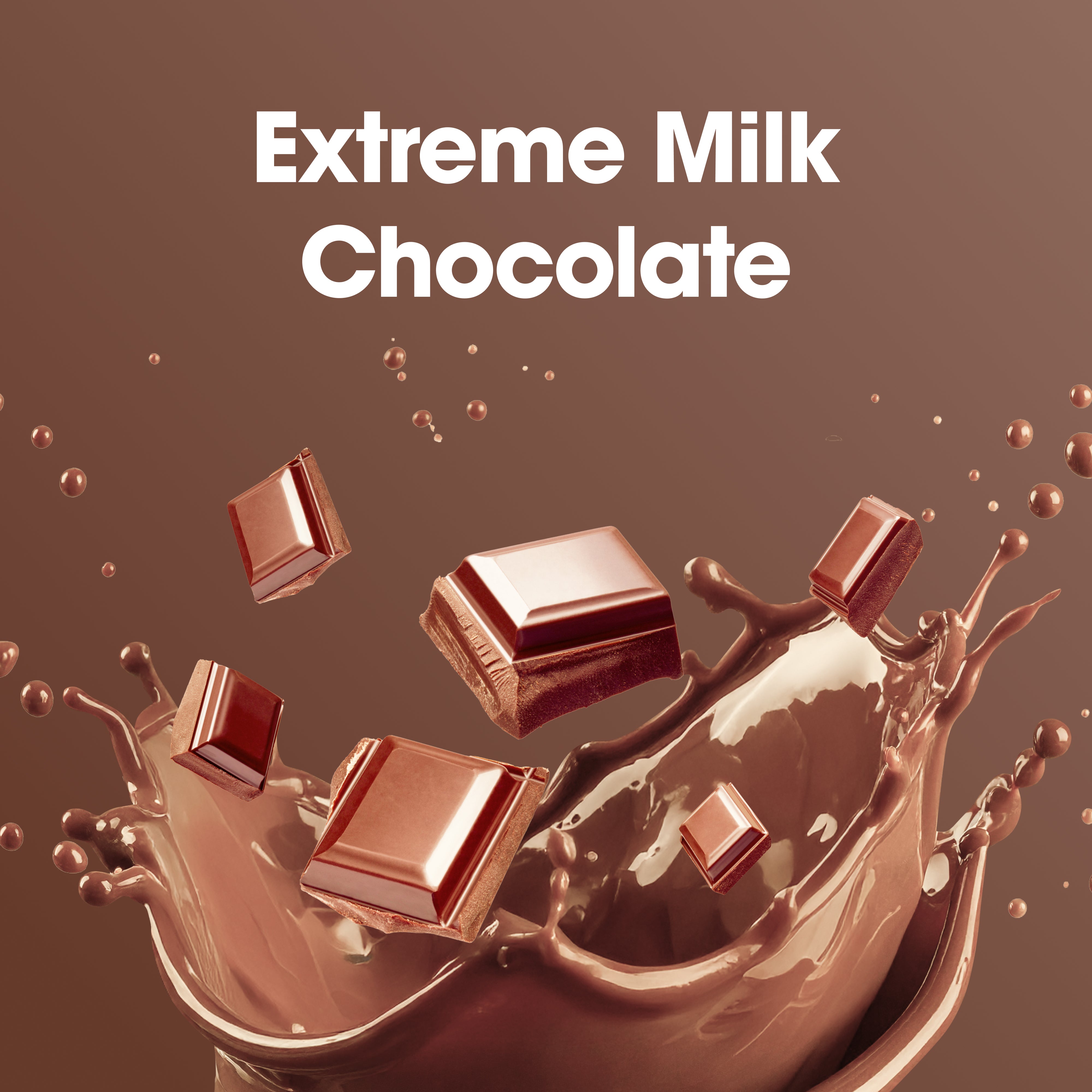 Chocolate milk splash with floating chocolate pieces and the text 'Extreme Milk Chocolate' on a brown background.