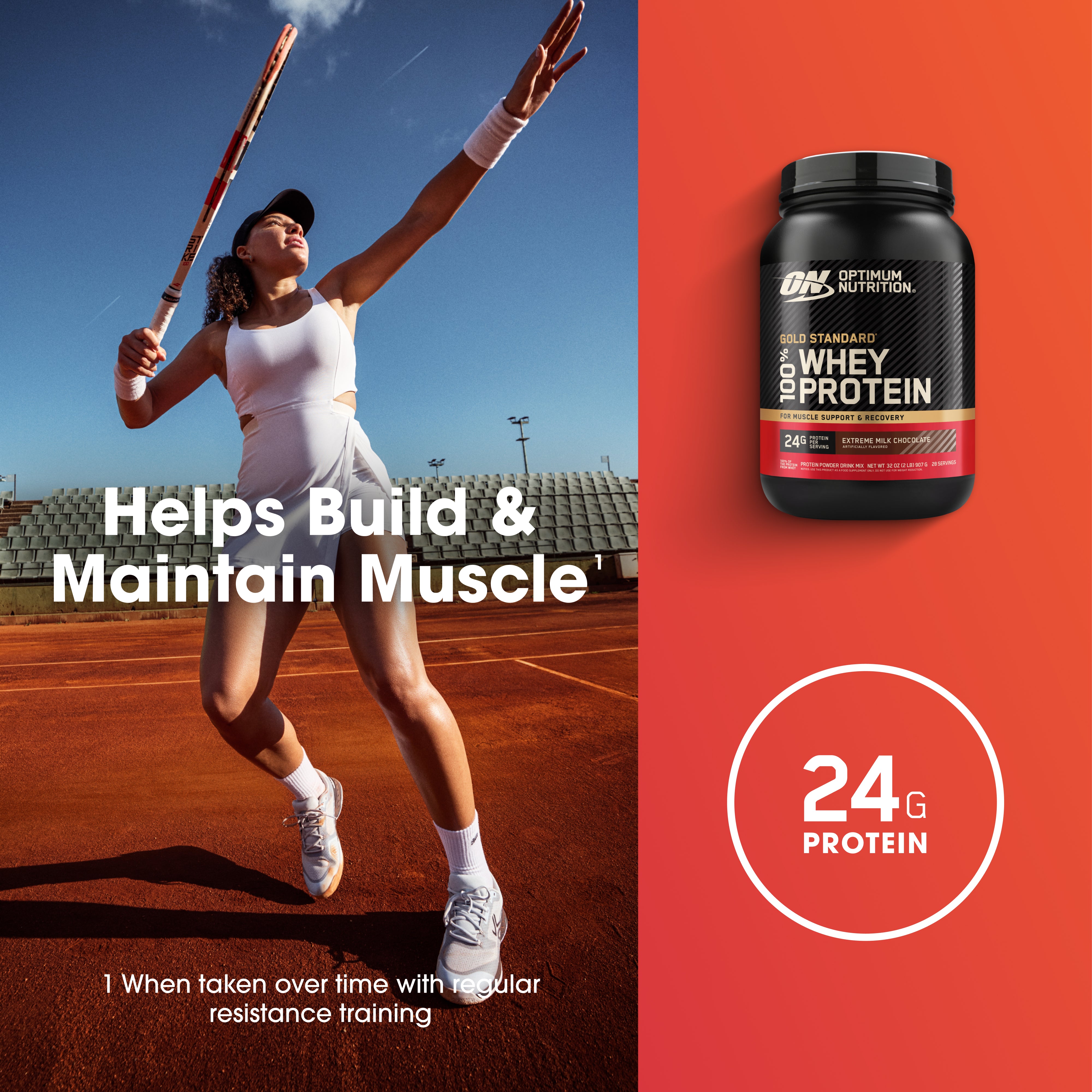 Tennis player on court with Optimum Nutrition whey protein container on an orange background