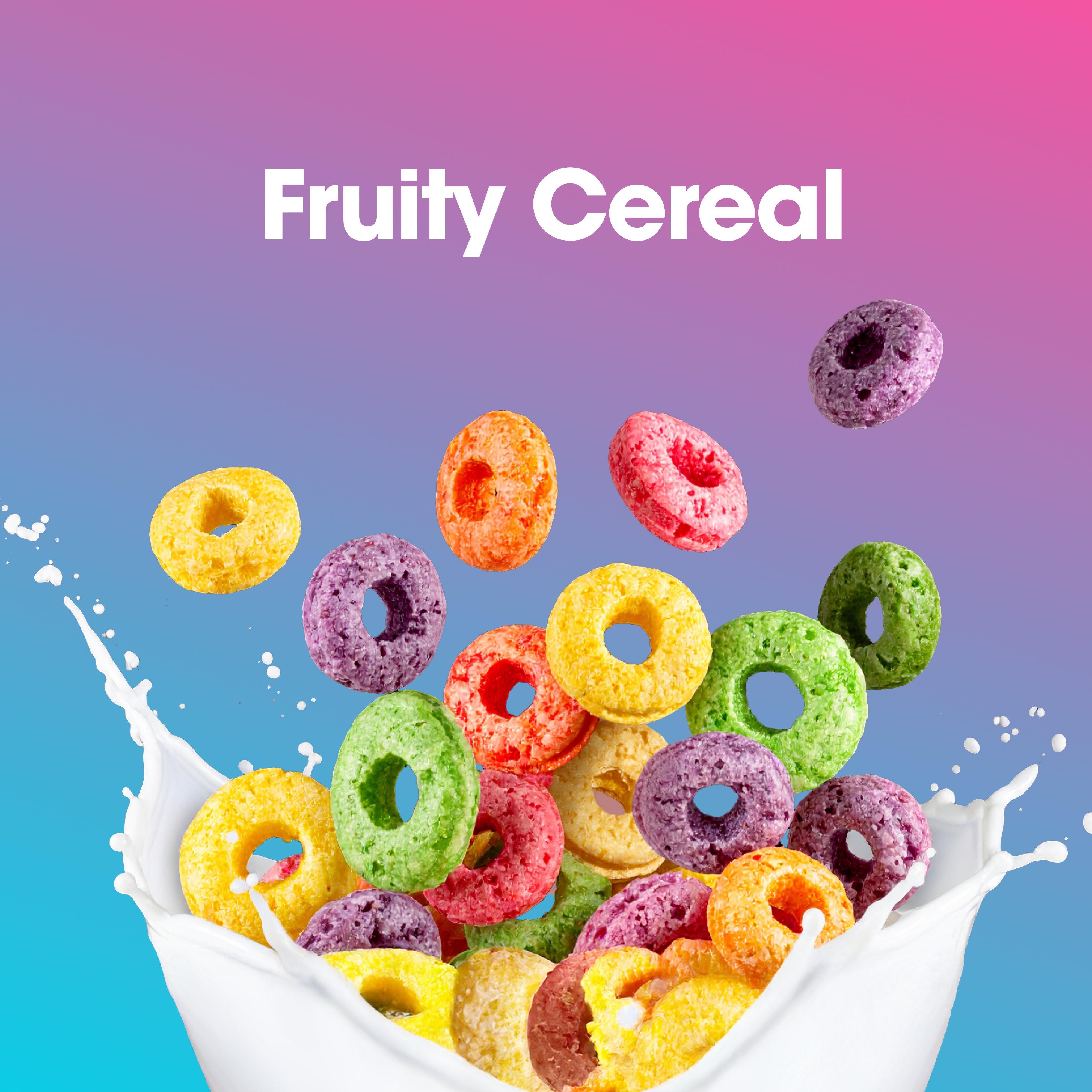Colorful fruity cereal in a bowl with milk against a gradient background