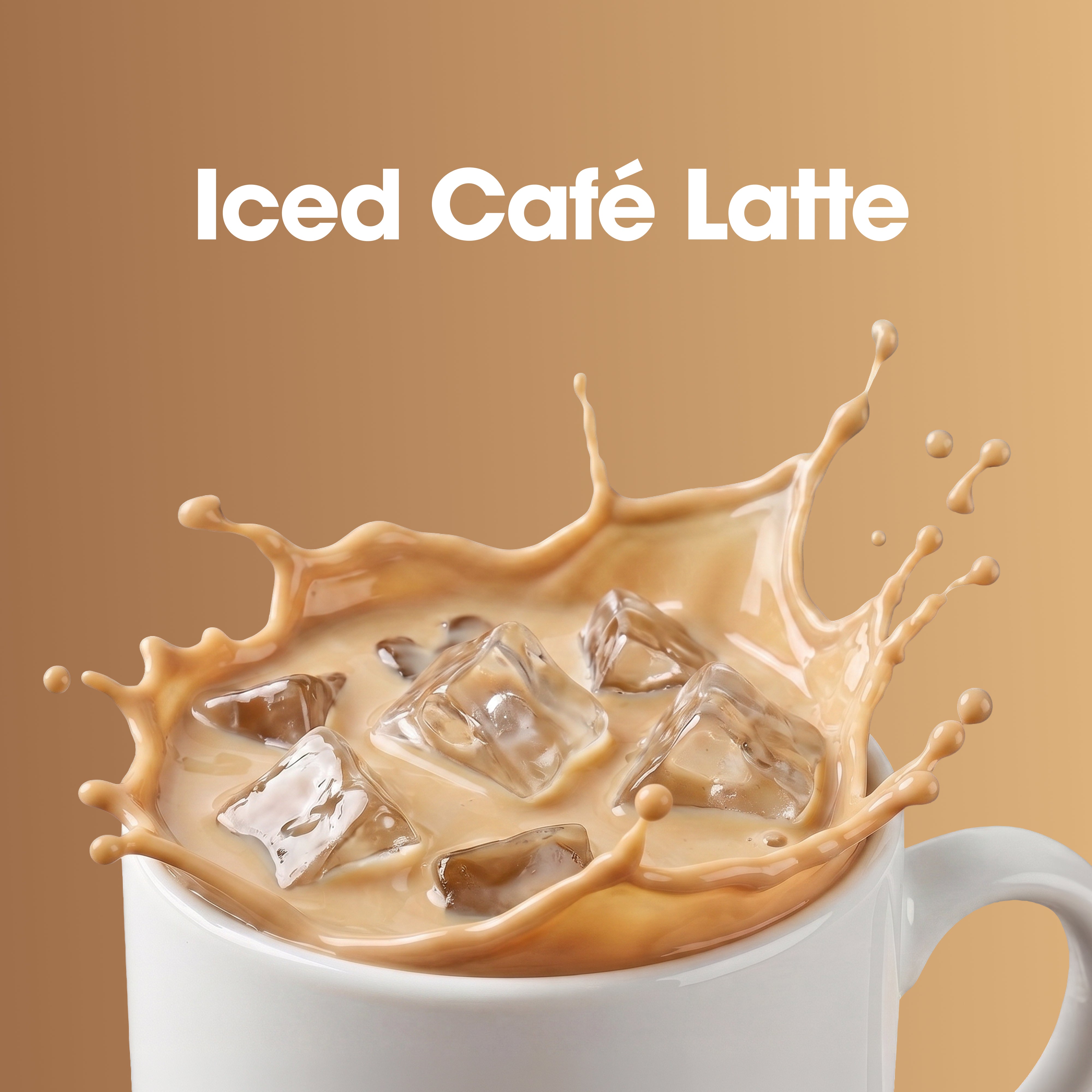 A white ceramic mug filled with iced café latte, with a dramatic splash of creamy coffee and clear ice cubes. The words 'Iced Café Latte' appear in white text at the top against a warm tan background.