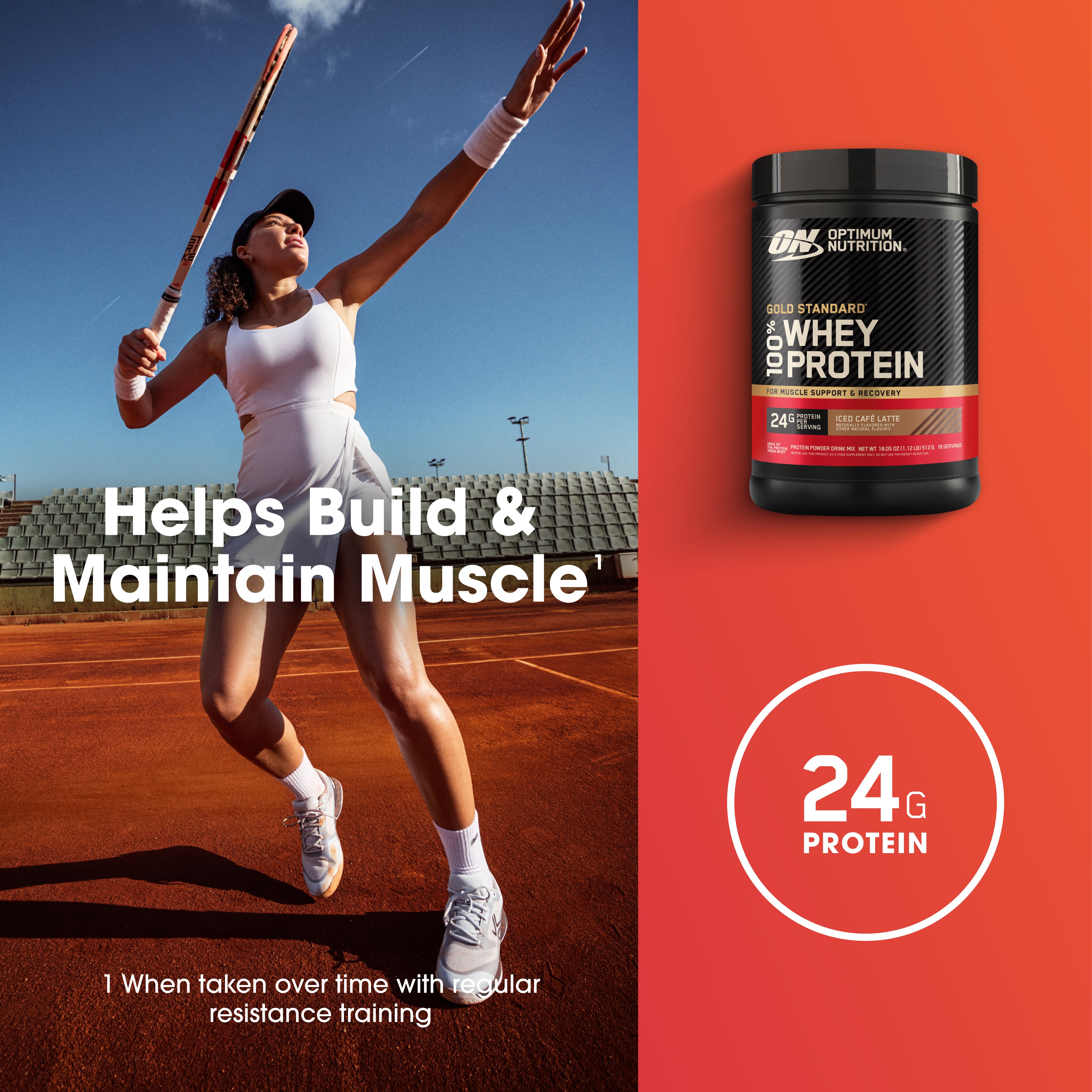 Woman playing tennis on a clay court with Optimum Nutrition whey protein container on an orange background