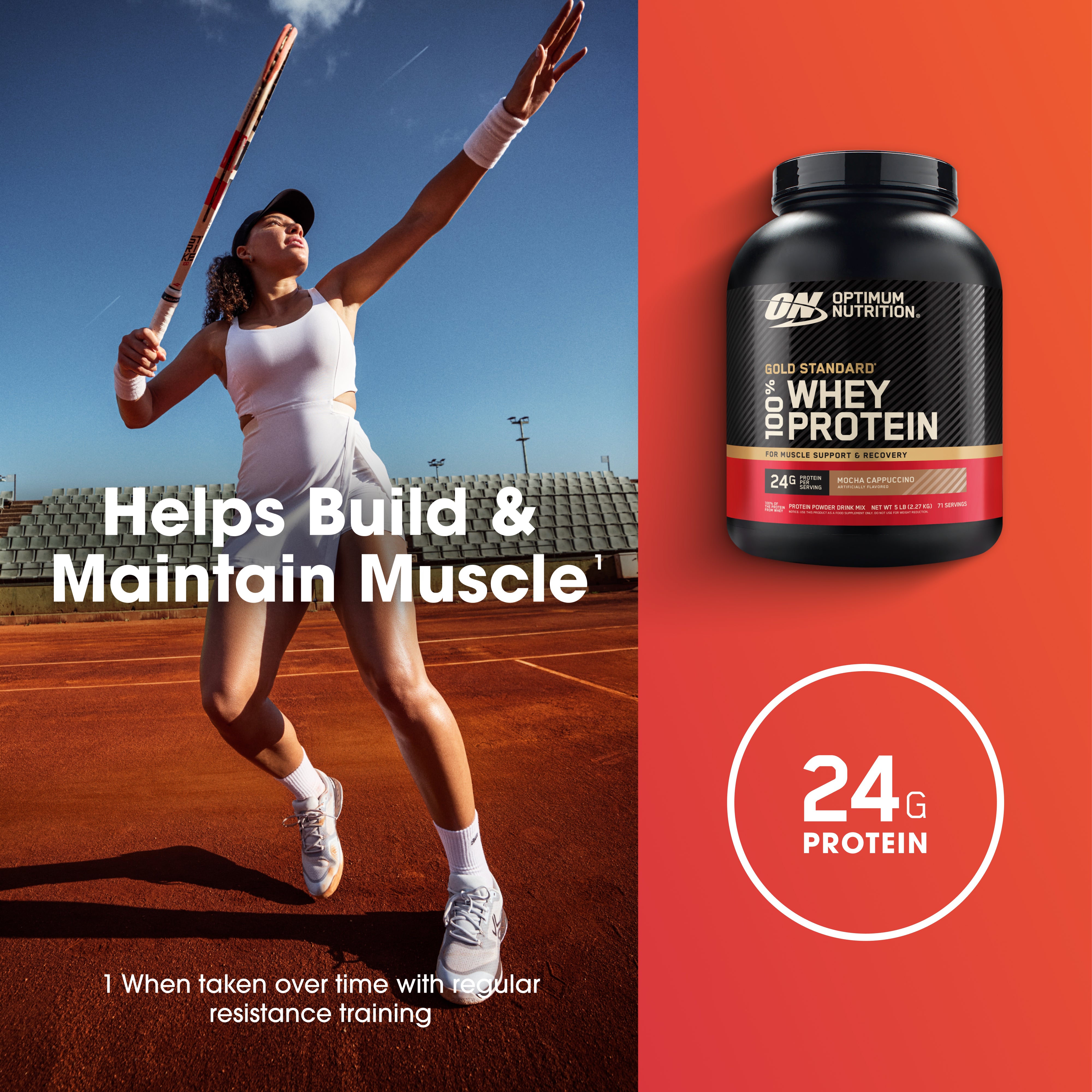 Optimum Nutrition Gold Standard 6% Whey Protein container shown on a red-orange background next to a tennis player on a clay court with the text 'Helps Build & Maintain Muscle' and '24G Protein'.