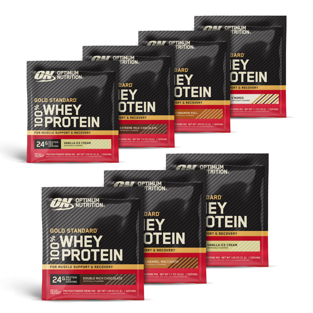 Optimum Nutrition Gold Standard 100% Whey Protein packages on a white background