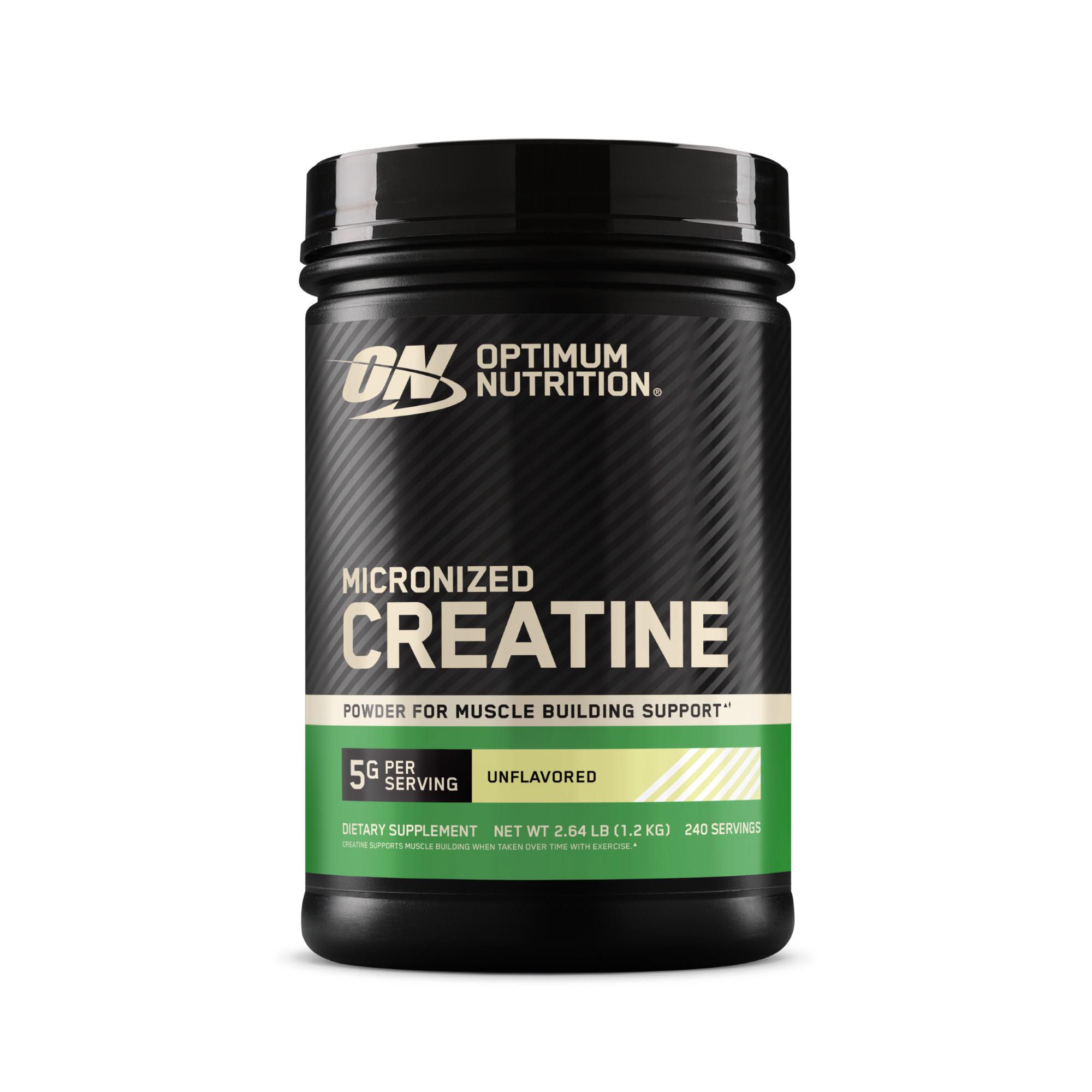 A black plastic tub of Optimum Nutrition Micronized Creatine powder, unflavored, on a clean white background.