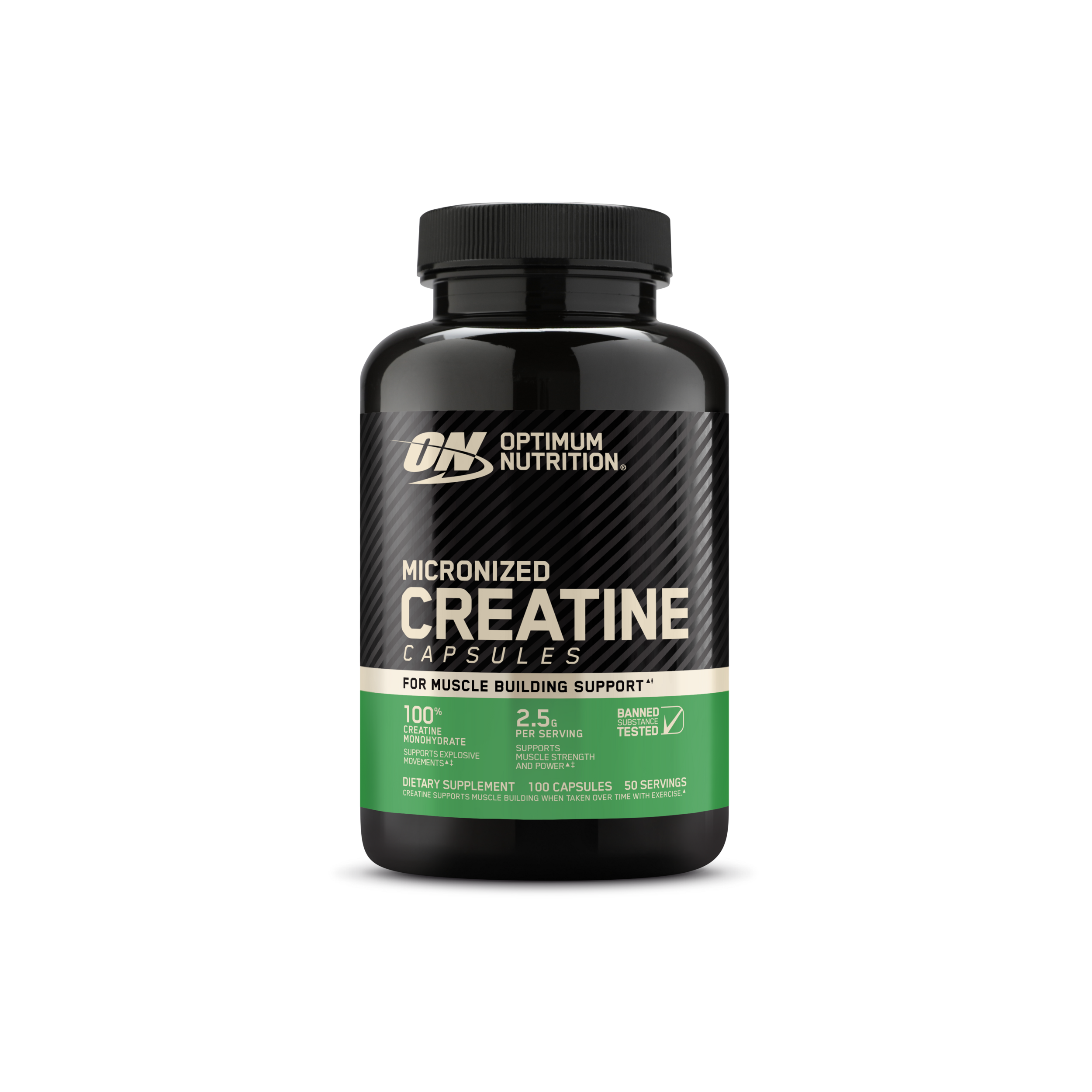 A black plastic bottle of Optimum Nutrition Micronized Creatine Capsules on a plain white background.