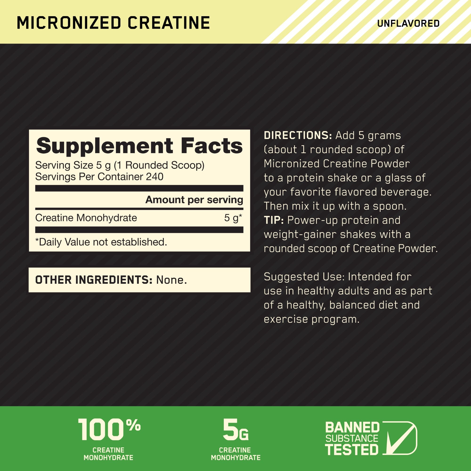Supplement label for Micronized Creatine with supplement facts and directions.
