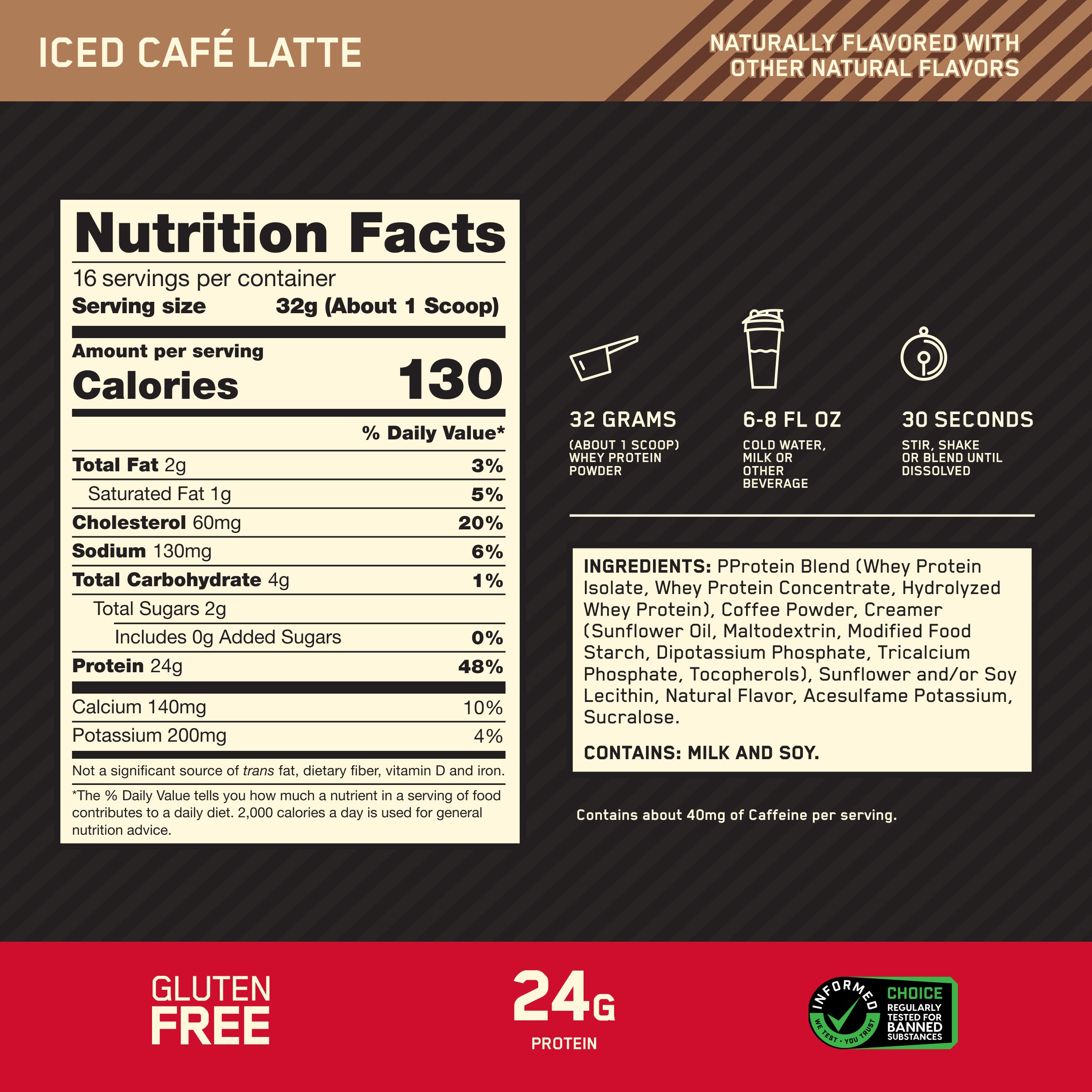 Front label of a powdered coffee drink mix for Iced Café Latte, showing nutrition facts, serving size, calories, ingredients, preparation time, and flavor notes on a dark background with a red footer.
