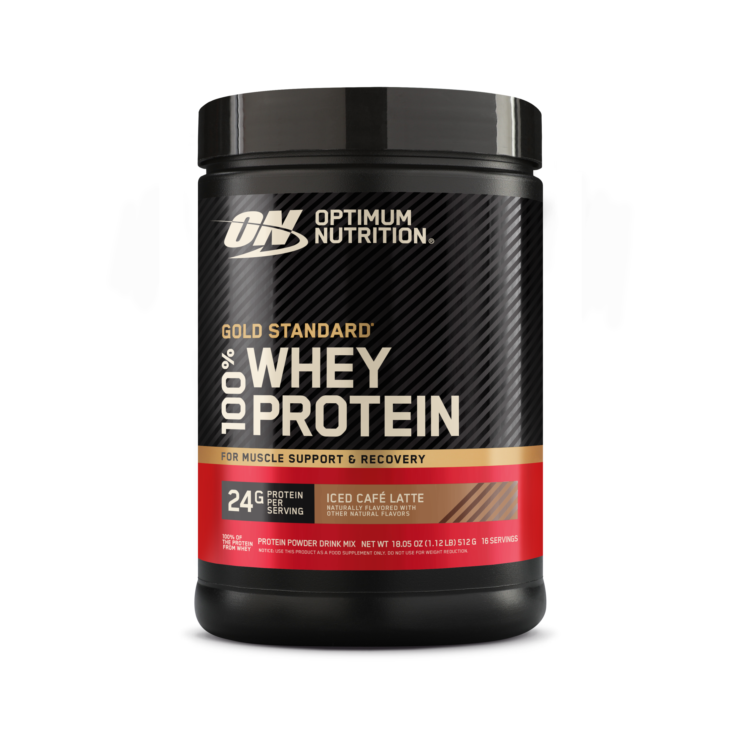 Optimum Nutrition Gold Standard 100% Whey Protein powder tub in Iced Cafe Latte flavor, 3 lbs container, on a white background.