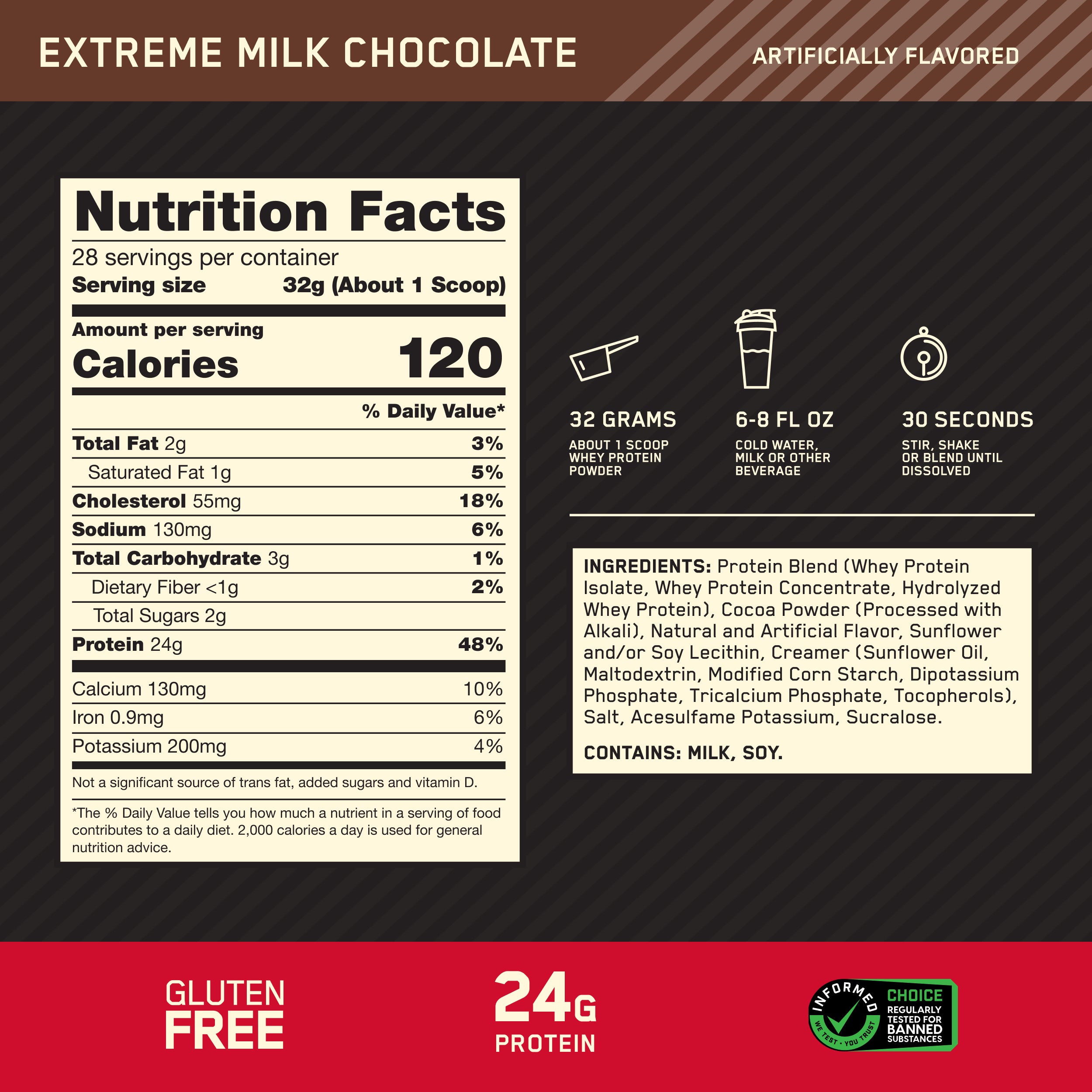 Nutrition label for extreme milk chocolate with protein content and ingredients listed.