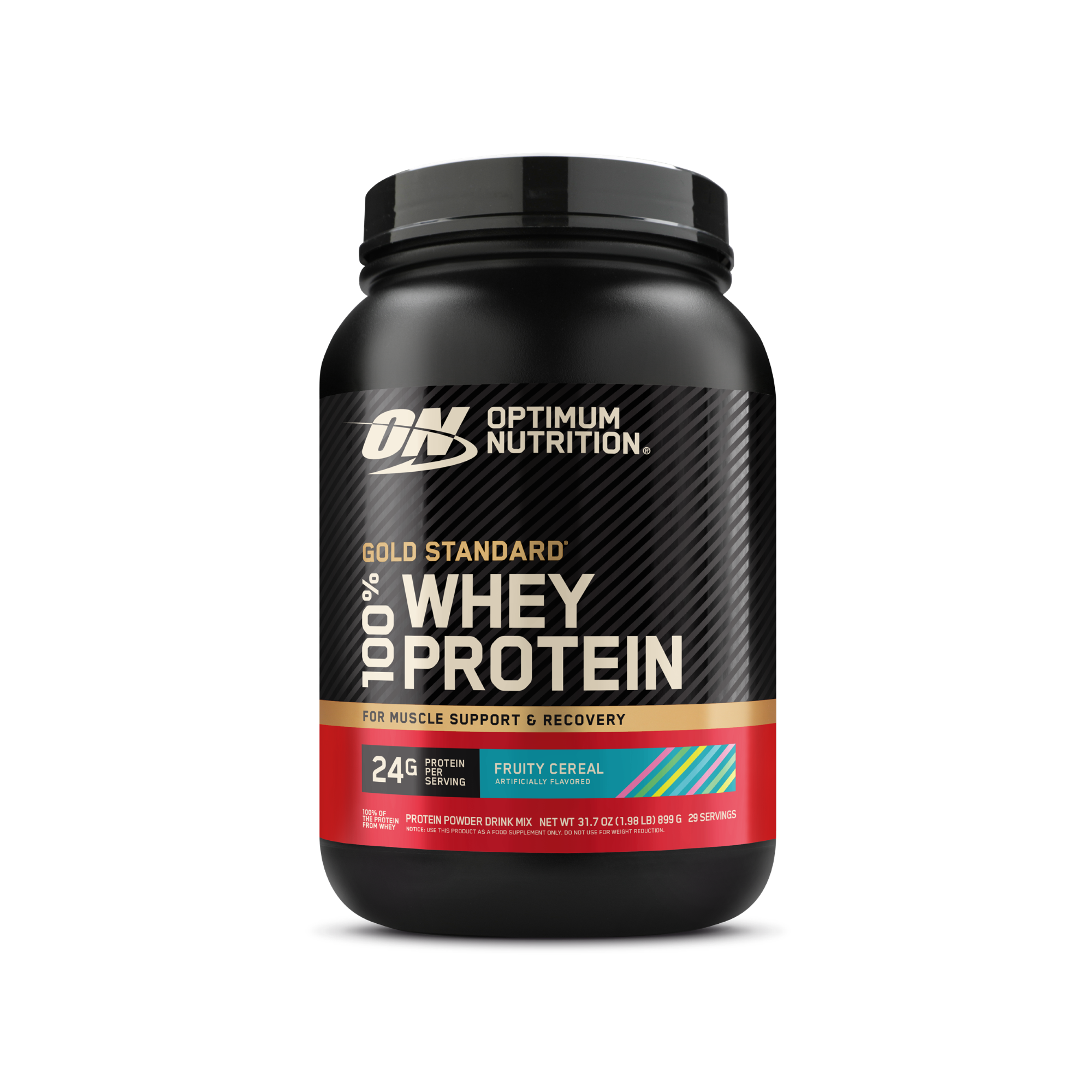 Optimum Nutrition Gold Standard 100% Whey Protein powder tub in Fruity Cereal flavor, shown on a clean white background.