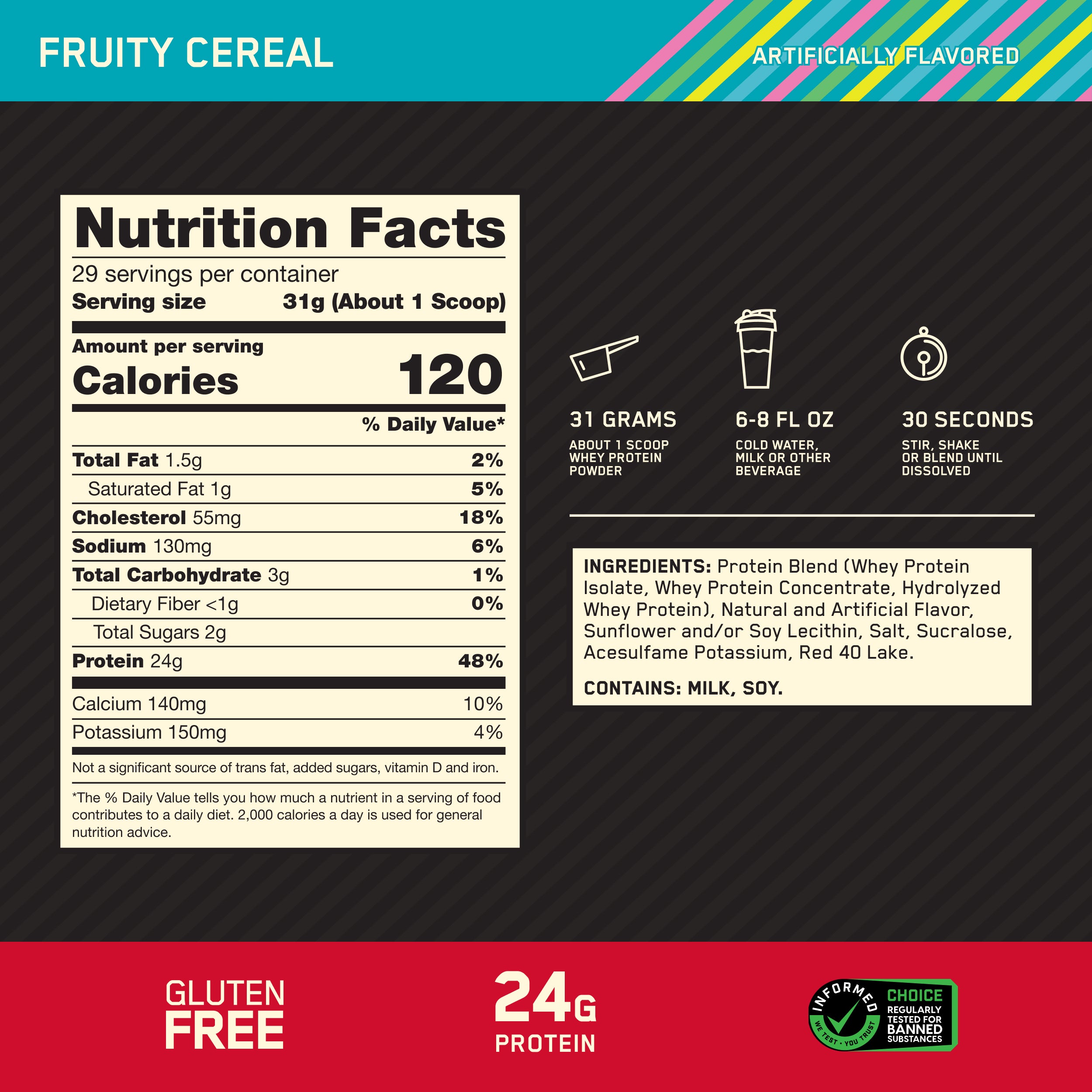 Nutrition facts label for fruity cereal with serving size, calories, and protein content displayed.