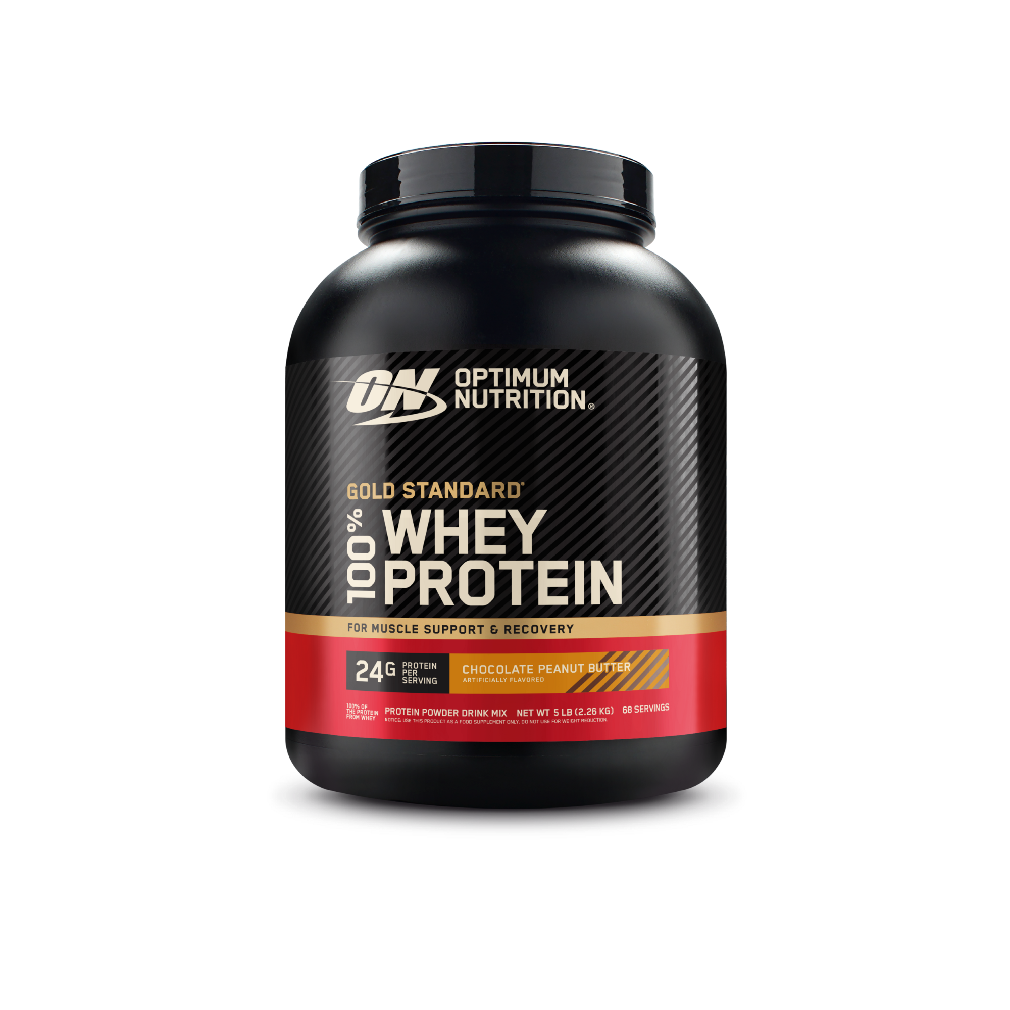 Optimum Nutrition Gold Standard 100% Whey Protein in a black plastic tub with a black, gold, and red label, on a white background.