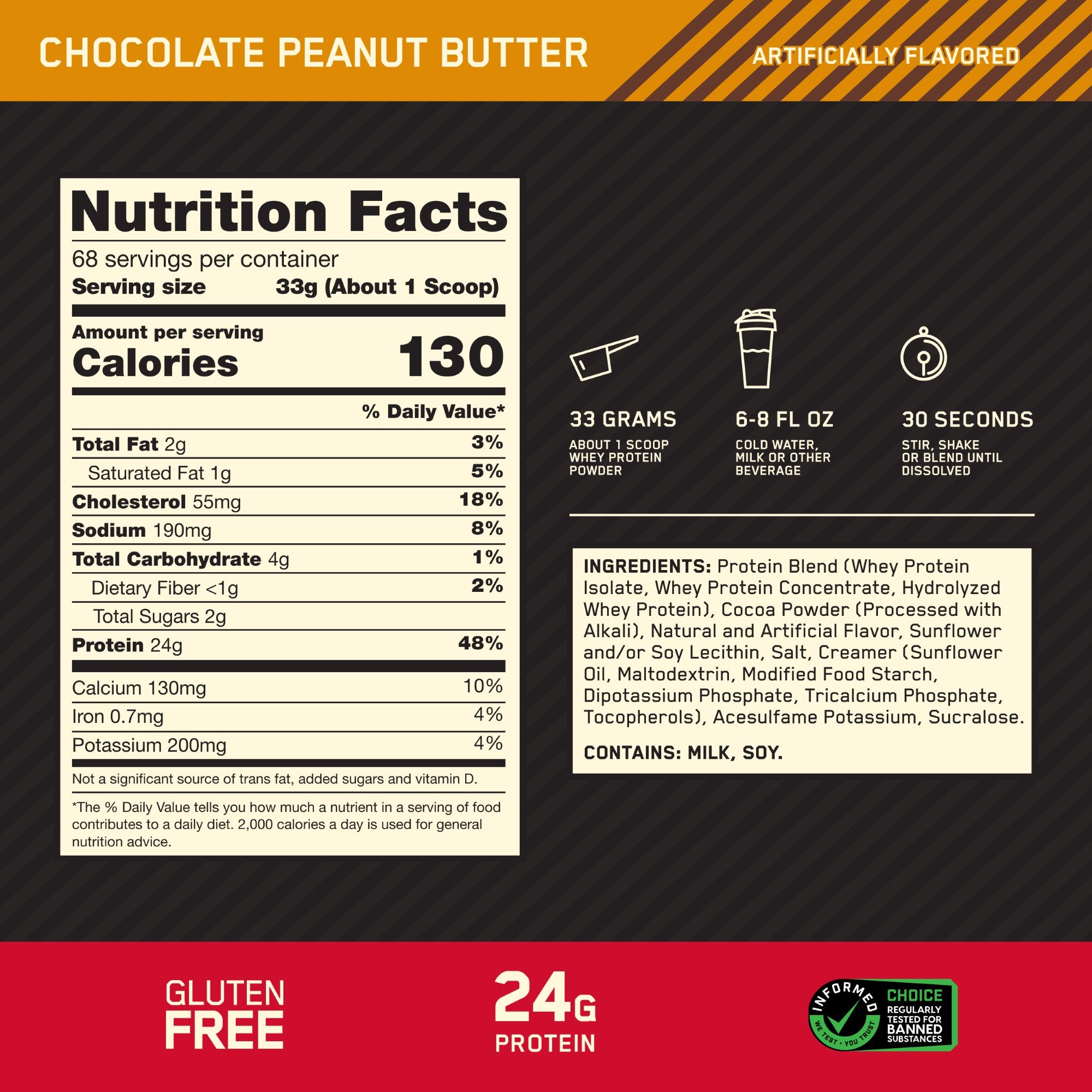 A chocolate peanut butter beverage mix product label with a nutrition facts panel, serving instructions, ingredients list, and branding on a dark background with orange accents.