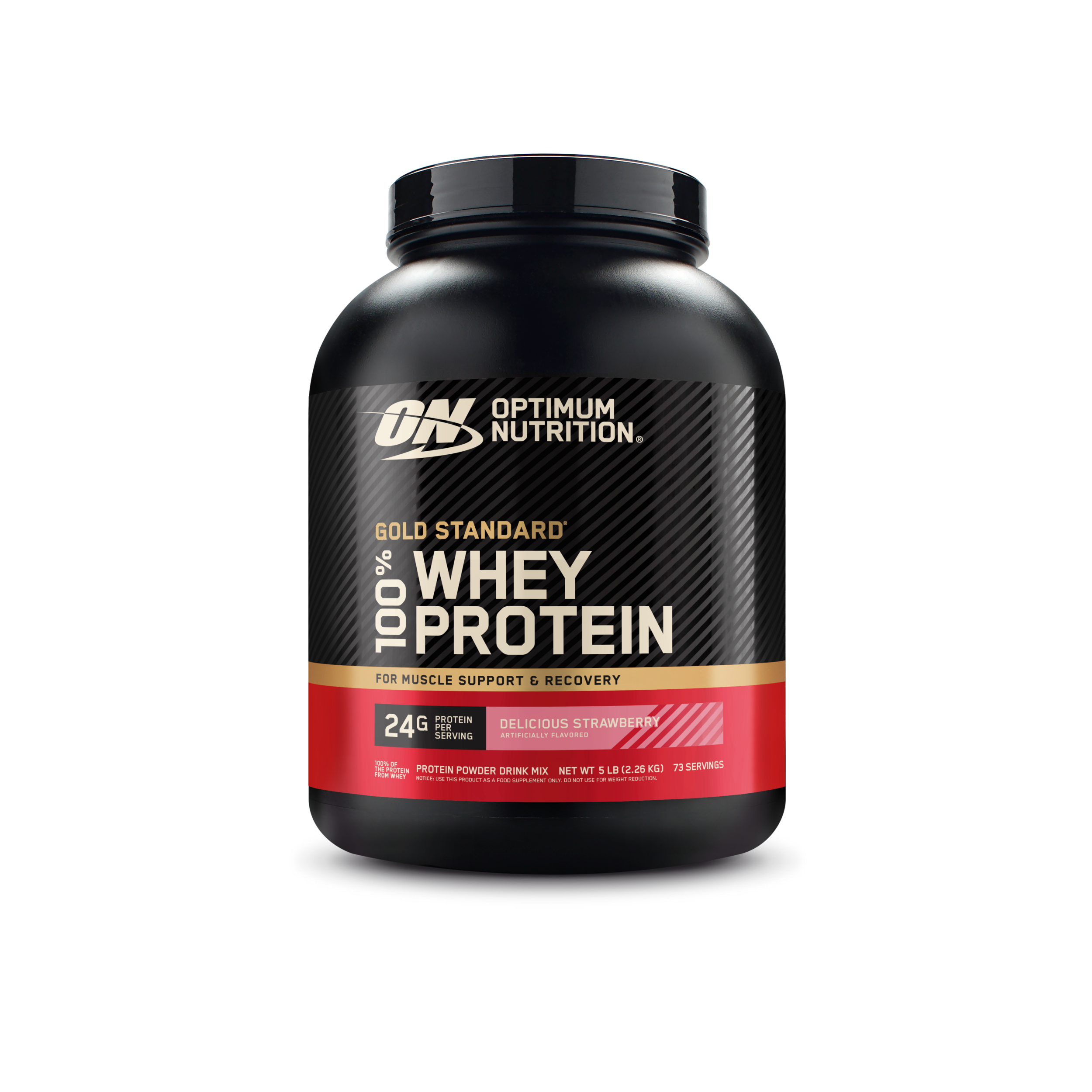 Optimum Nutrition Gold Standard 100% Whey Protein powder tub in Delicious Strawberry flavor, 3520 g, on a white background.