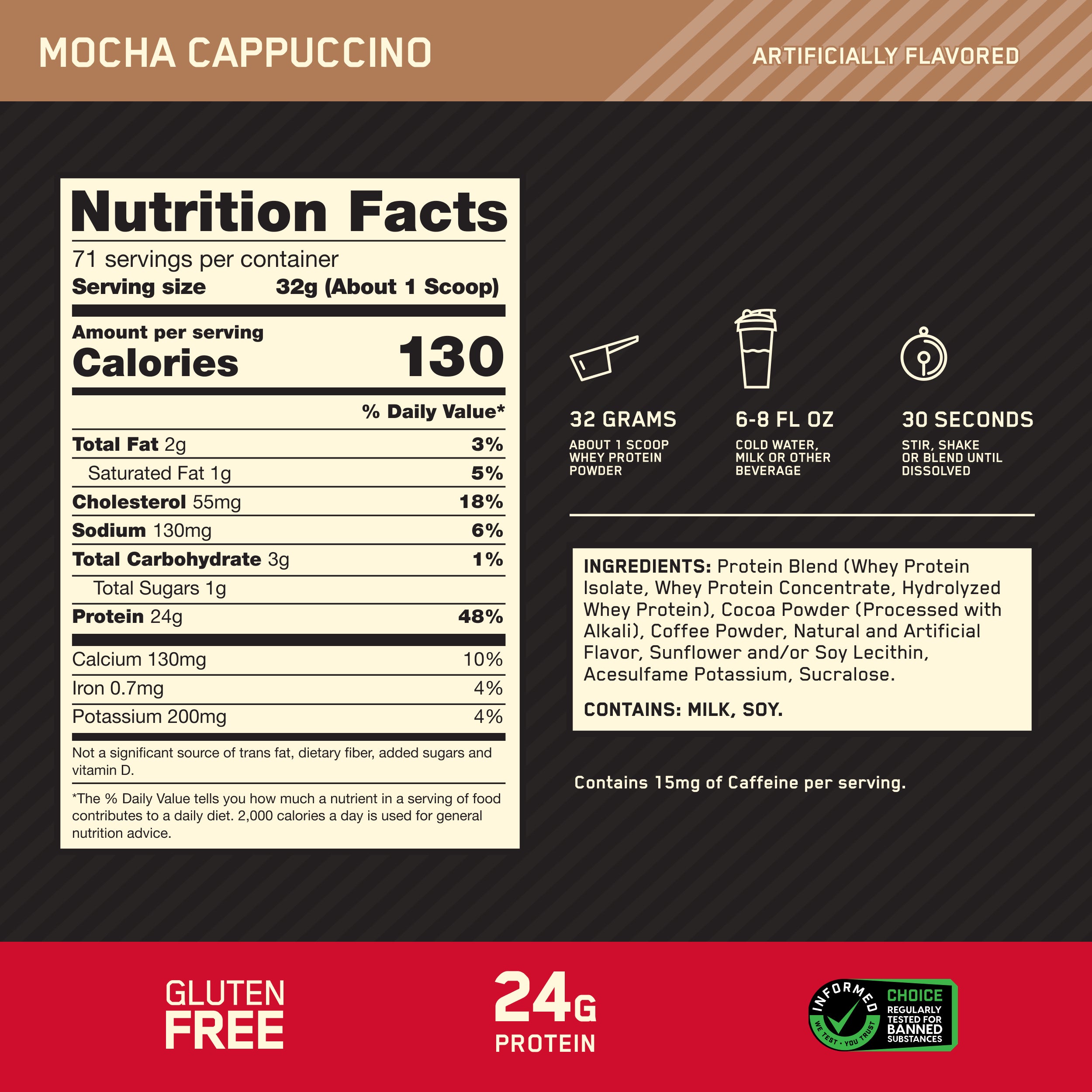 A product information panel for Mocha Cappuccino flavored protein powder, showing a Nutrition Facts label, serving size 30g (1 scoop), calories 130, ingredients, and flavor callouts on a dark background with a red footer.