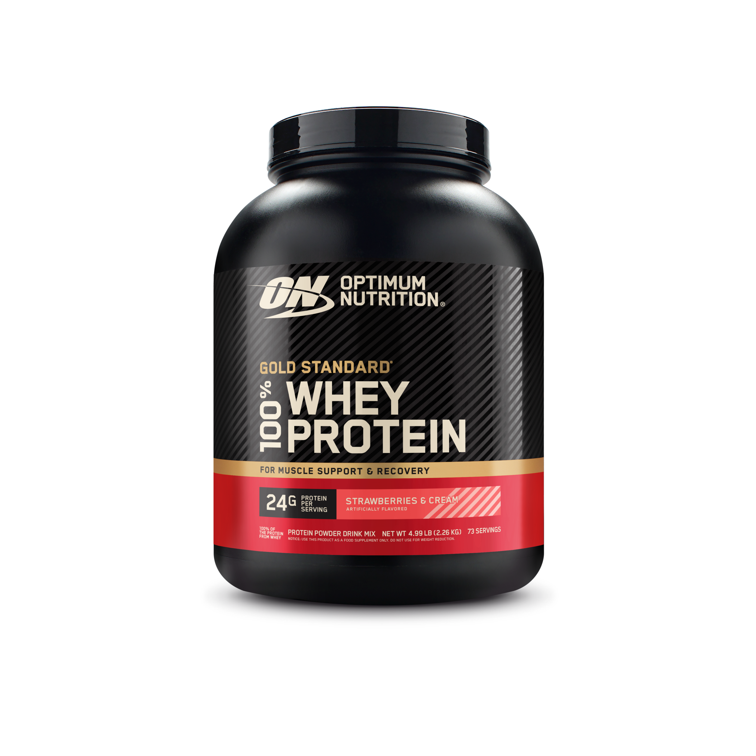 Optimum Nutrition Gold Standard 100% Whey Protein, 5lb container, Strawberries & Cream flavor, for muscle support and recovery