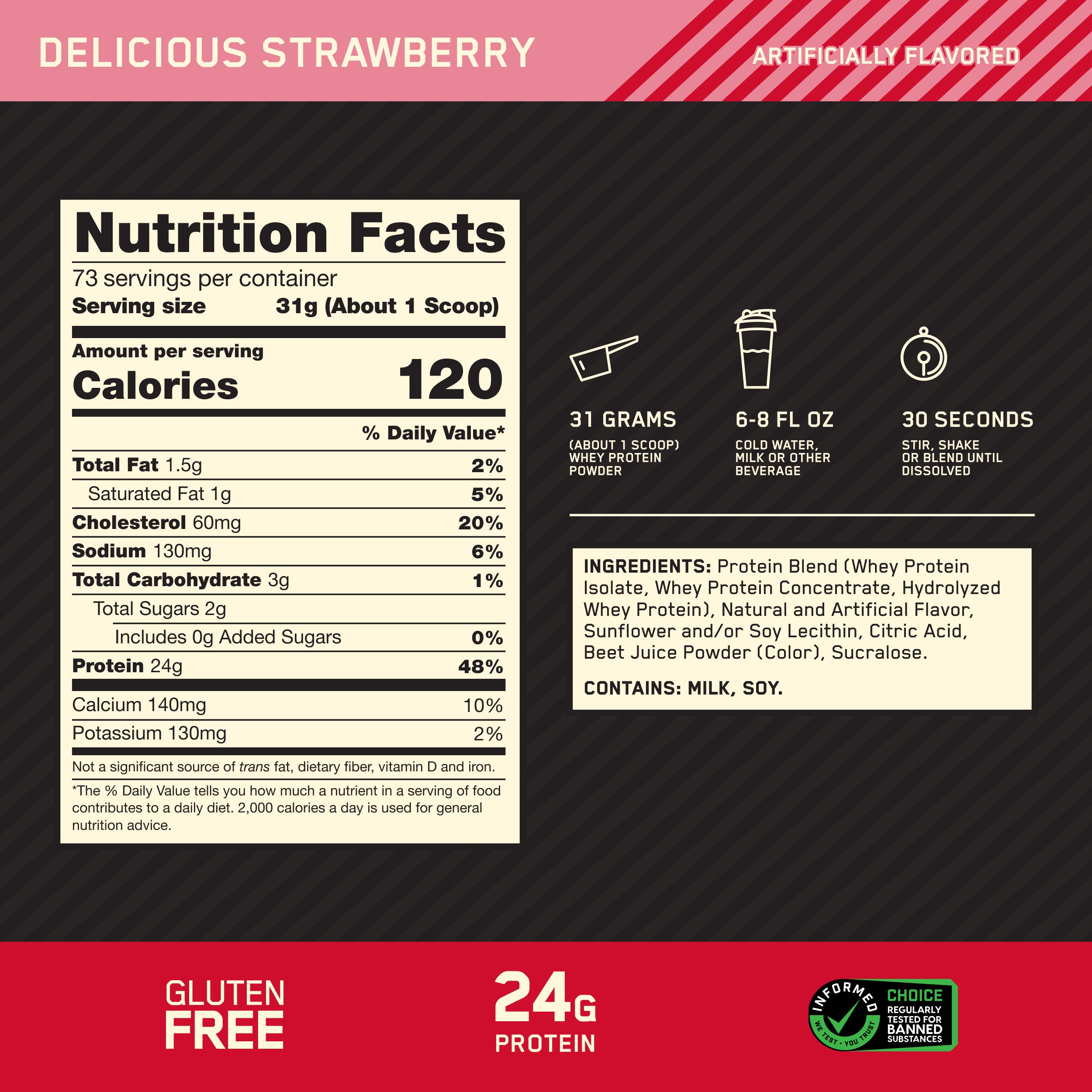 Front nutrition facts label and flavor callout for a strawberry protein powder package. The label shows serving size, calories, nutrients, ingredients, and claims including gluten free, 24g protein, 31 grams, 6-8 fl oz, and 30 seconds.