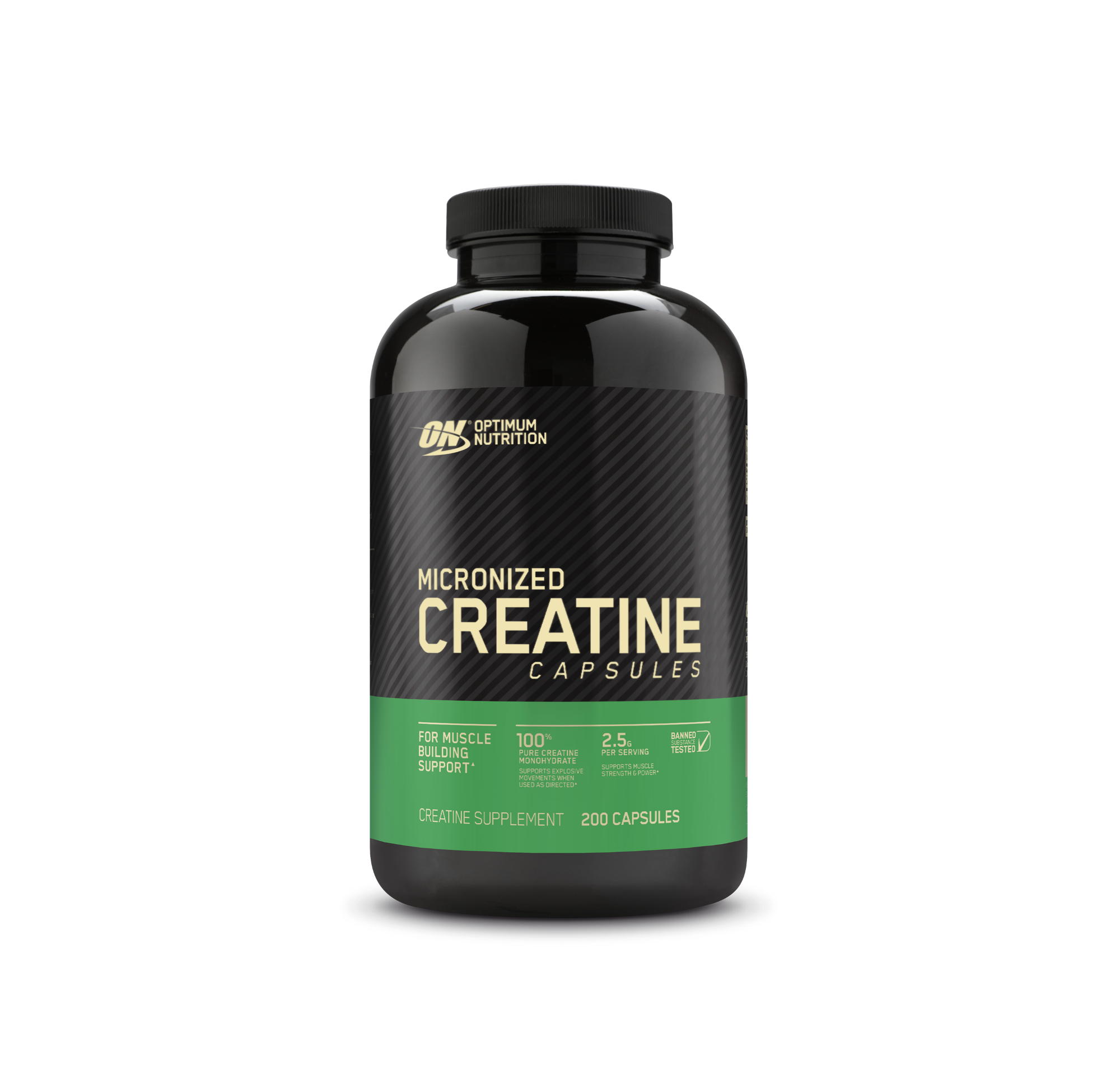 A black plastic bottle of Optimum Nutrition Micronized Creatine Capsules with a black cap, featuring a black label with gold lettering and a green band at the bottom, set against a plain white background.