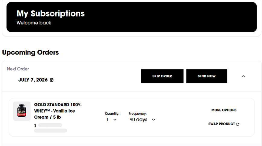 Subscription management screen with upcoming order details on a white background