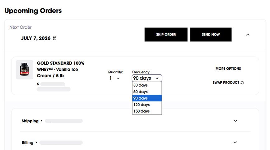 Order confirmation screen with product details and shipping options on a white background