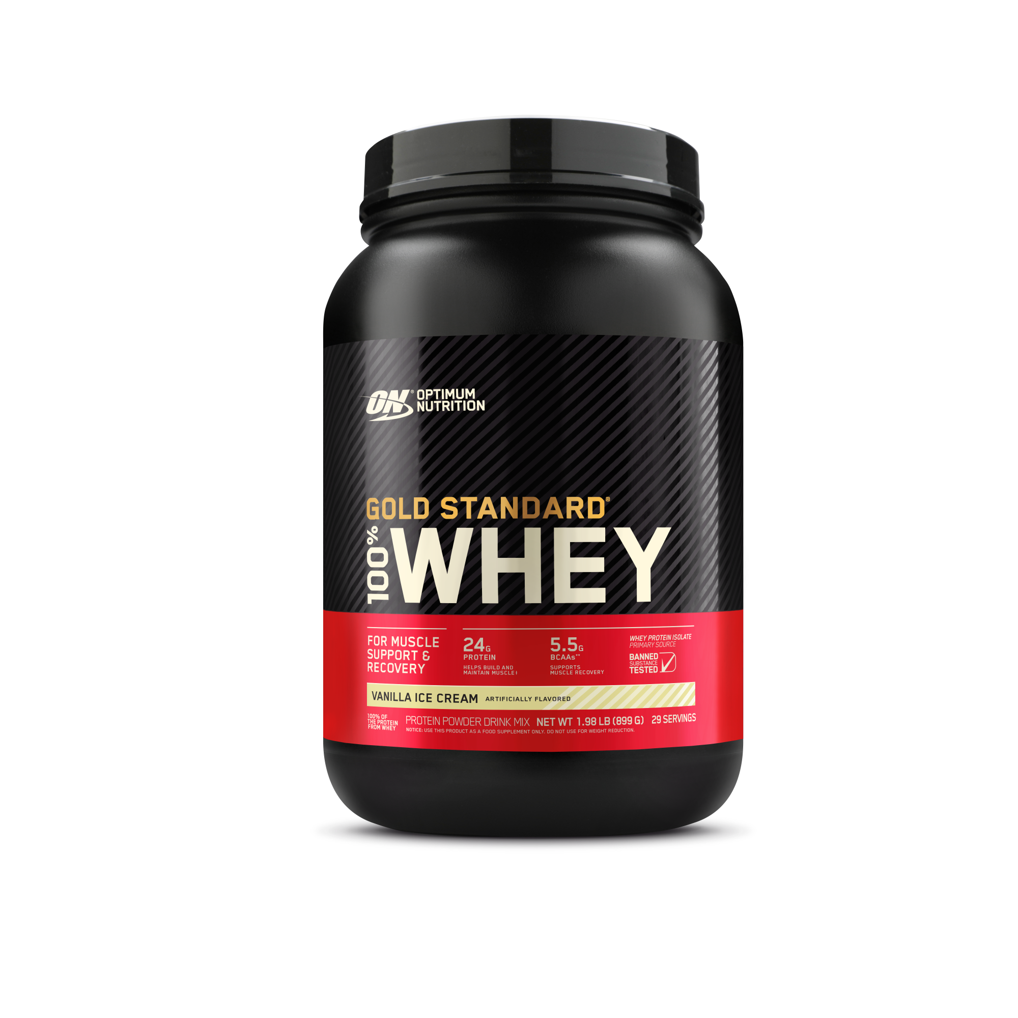 Optimum Nutrition Gold Standard 100% Whey Protein, 2 lb container, Vanilla Ice Cream flavor, for muscle support and recovery