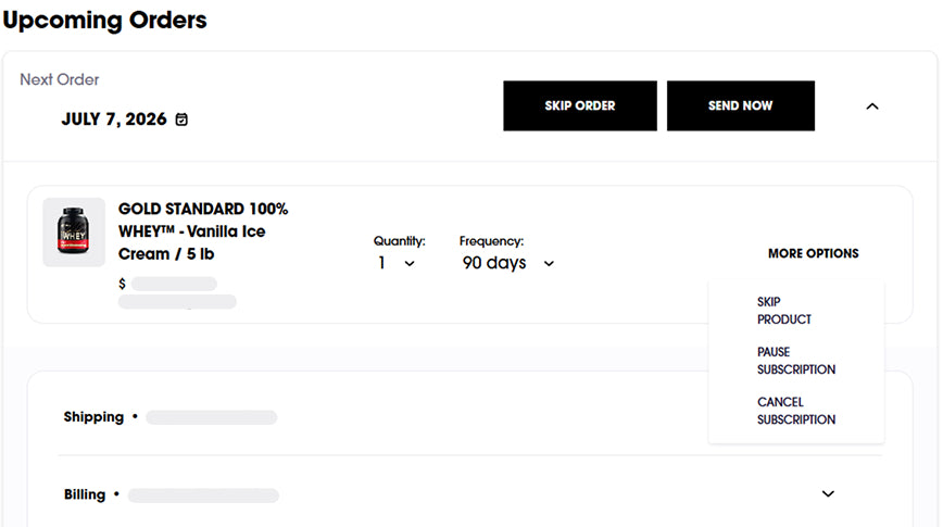 Whey protein product order screen with options to skip or send the order.